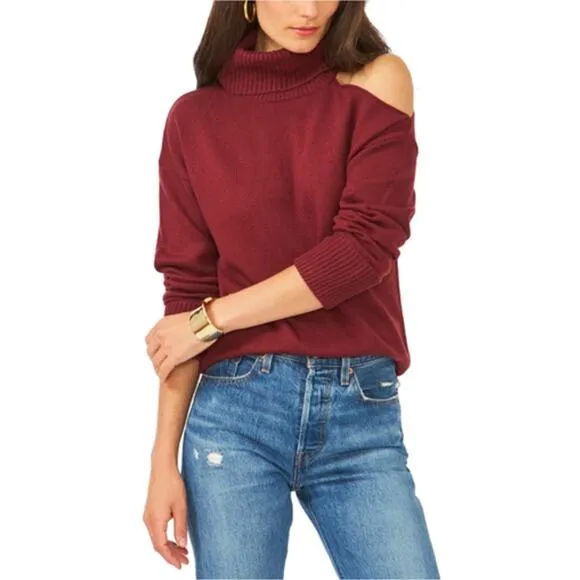 1. State Cold Shoulder Cuffed Turtleneck Sweater Windsor Wine Small NEW