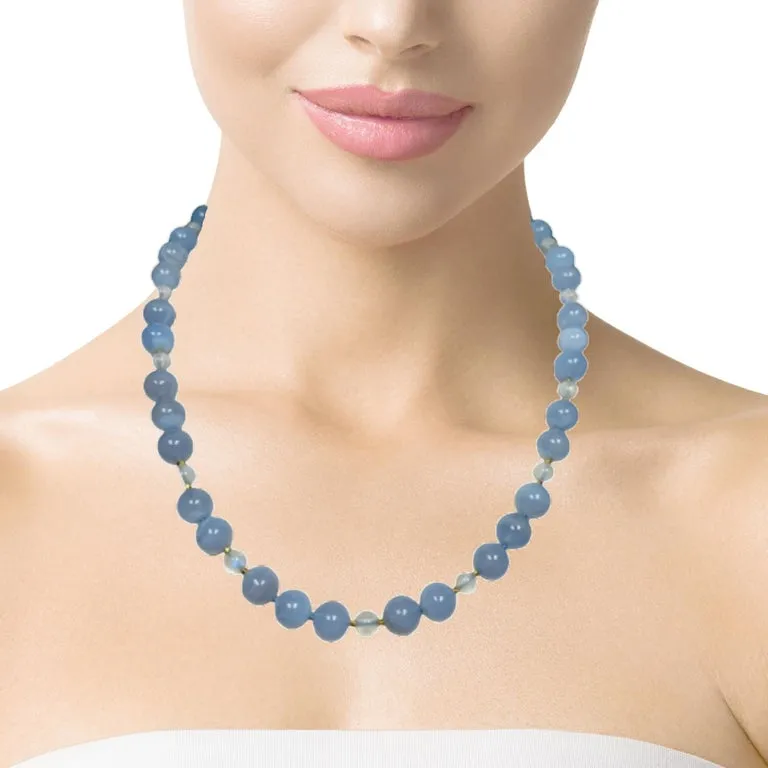 10mm Chalcedony and Moonstone Bead Necklace with Yellow Gold Accents