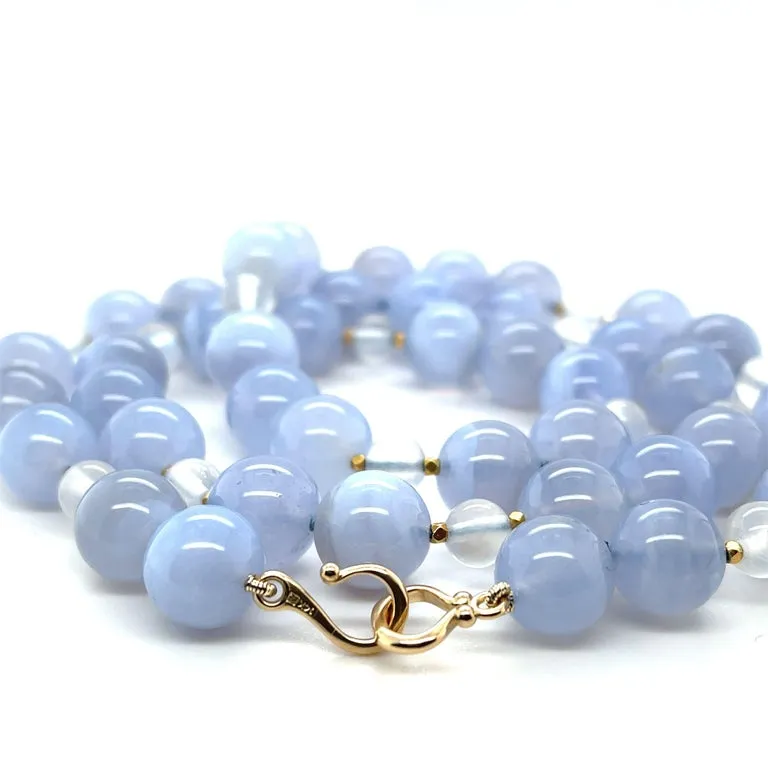 10mm Chalcedony and Moonstone Bead Necklace with Yellow Gold Accents