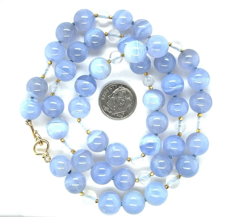10mm Chalcedony and Moonstone Bead Necklace with Yellow Gold Accents
