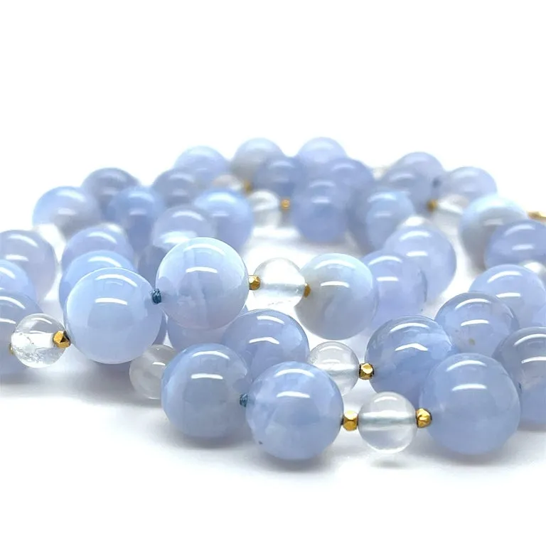 10mm Chalcedony and Moonstone Bead Necklace with Yellow Gold Accents