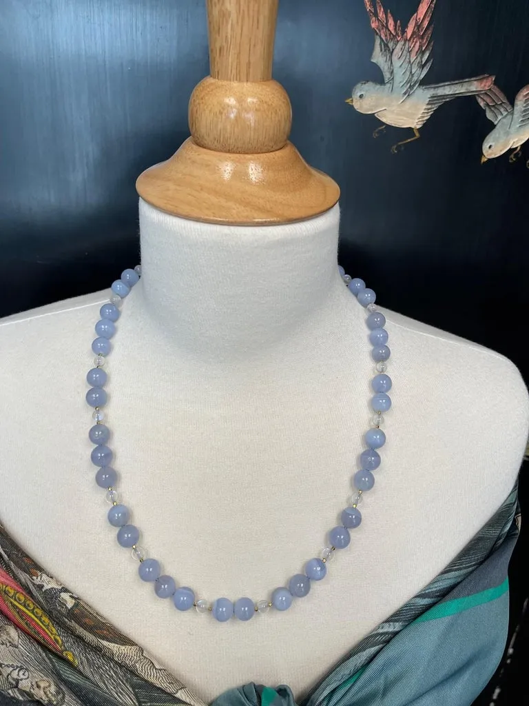 10mm Chalcedony and Moonstone Bead Necklace with Yellow Gold Accents
