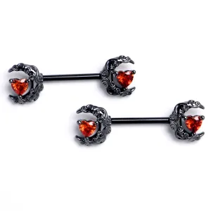 14 Gauge 9/16 Red Gem Black Heart Scroll Moon Barbell Nipple Ring Set
