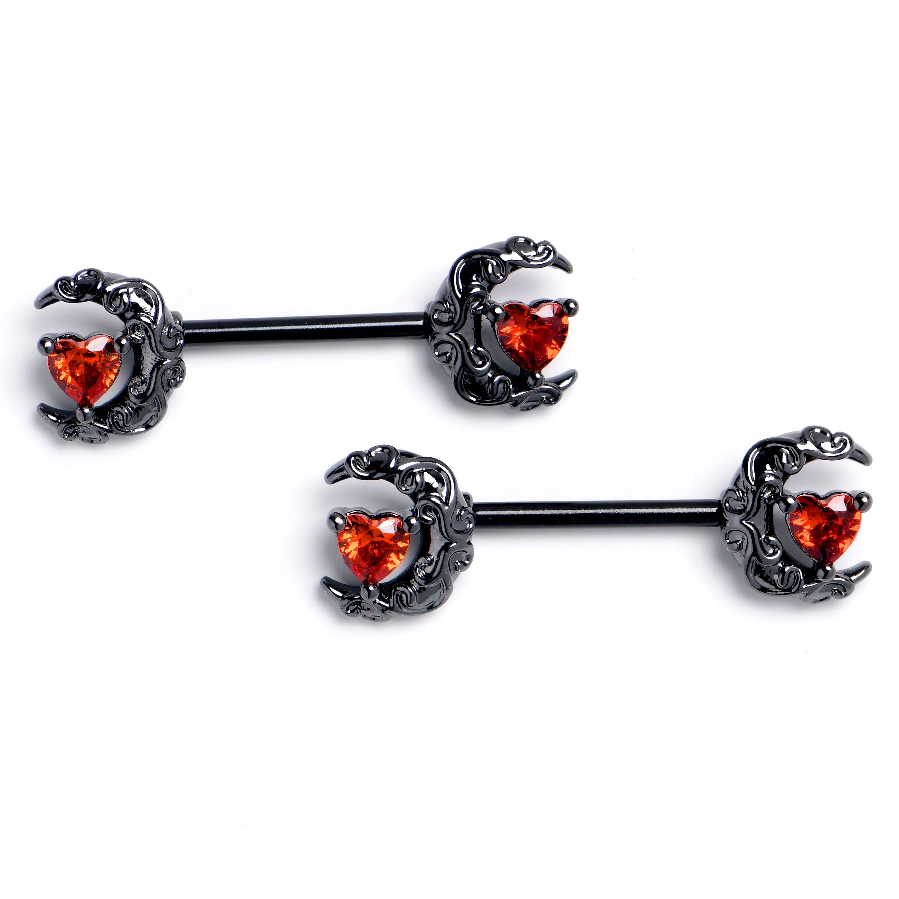14 Gauge 9/16 Red Gem Black Heart Scroll Moon Barbell Nipple Ring Set