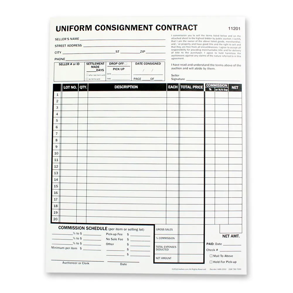 2-Part Custom Uniform Consignment Form (250/Pack)