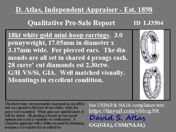 2.30ctw Carre Cut Diamond Hoop Earrings