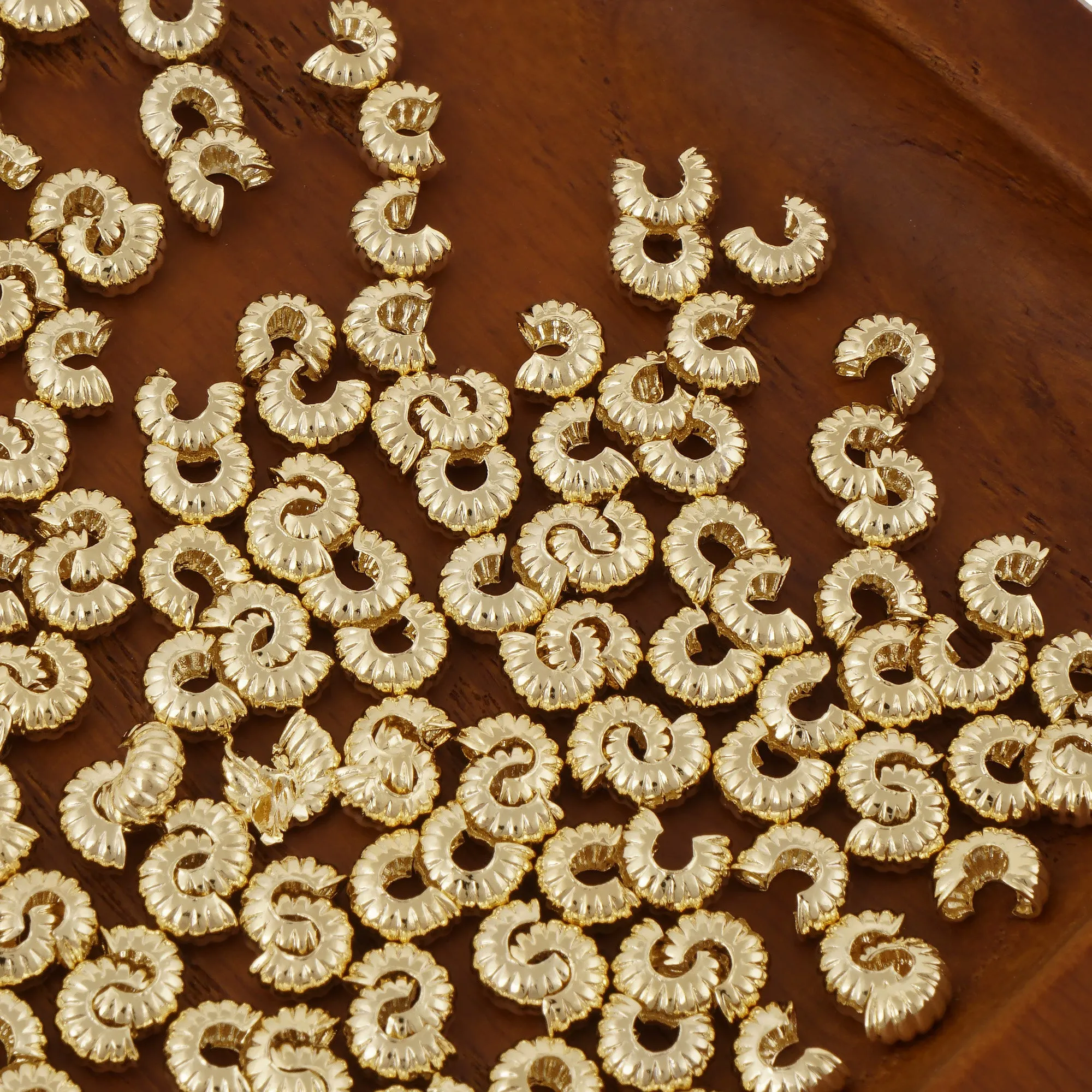 50PCS 4mm 14k Gold Filled Corrugated Crimp Cover Beads Cord Ends for jewelry making 10406850
