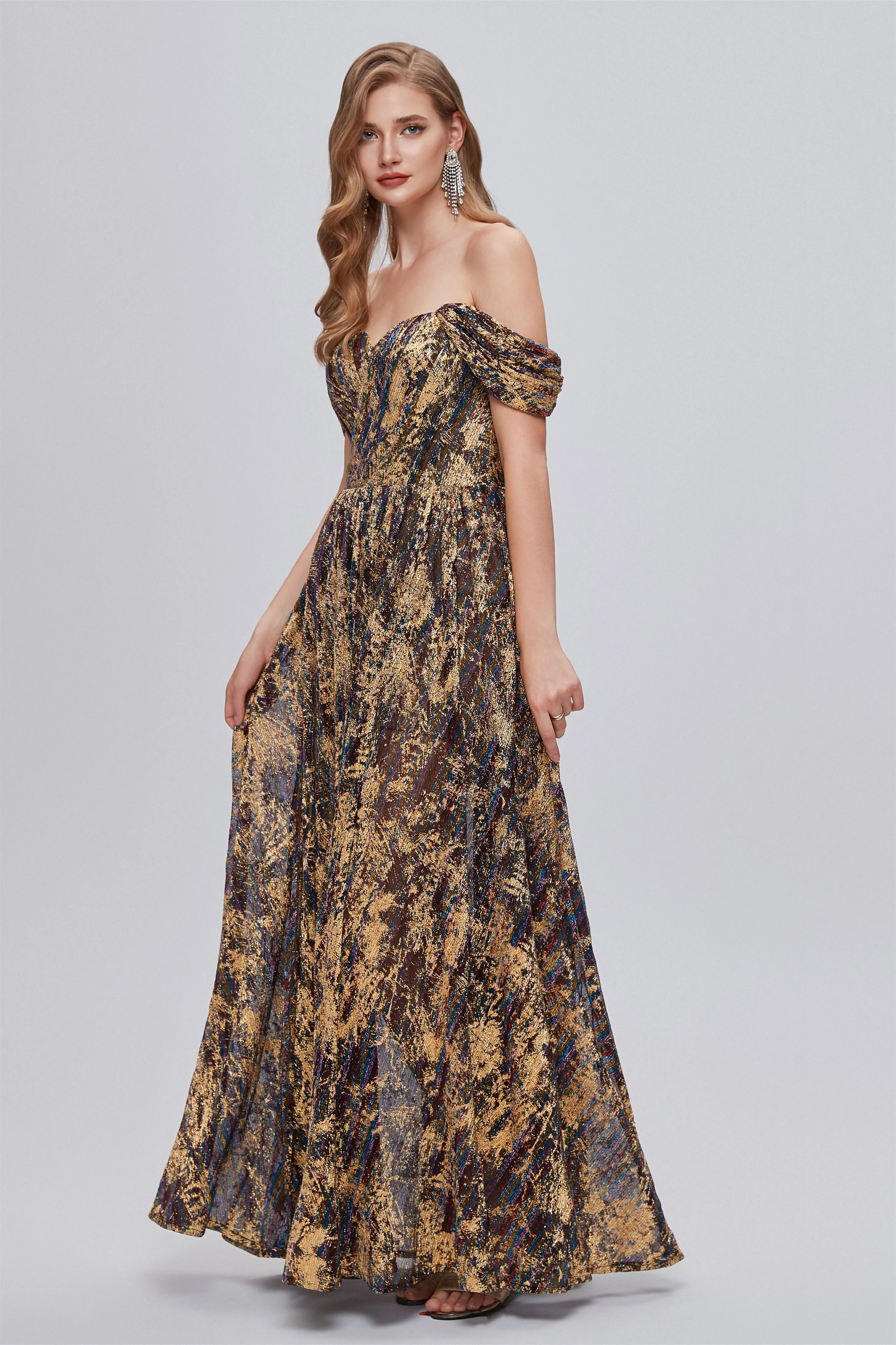 A-line Off-the-shoulder Ankle Length Backless Split Front Elegant Beautiful Prom Dresse