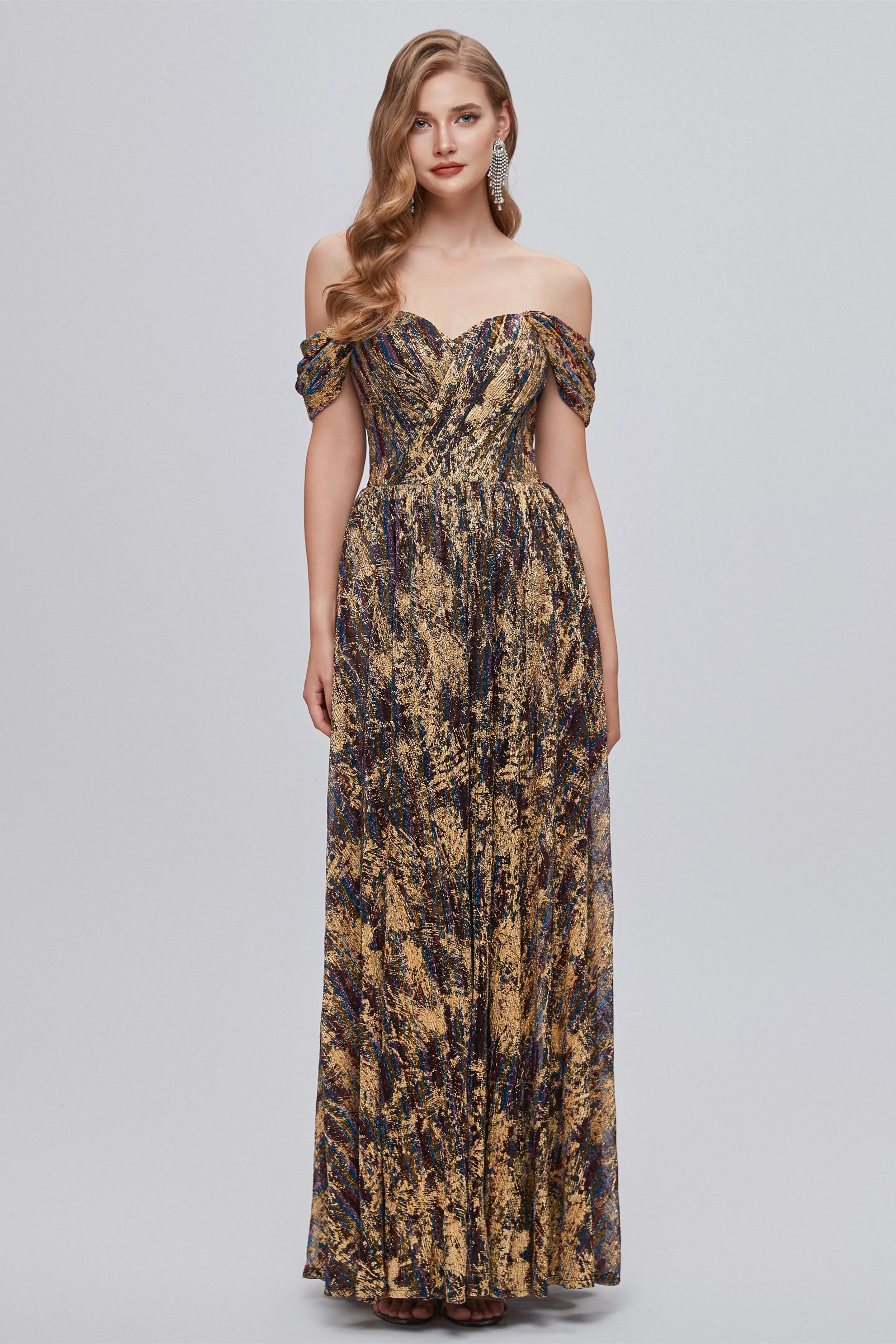 A-line Off-the-shoulder Ankle Length Backless Split Front Elegant Beautiful Prom Dresse