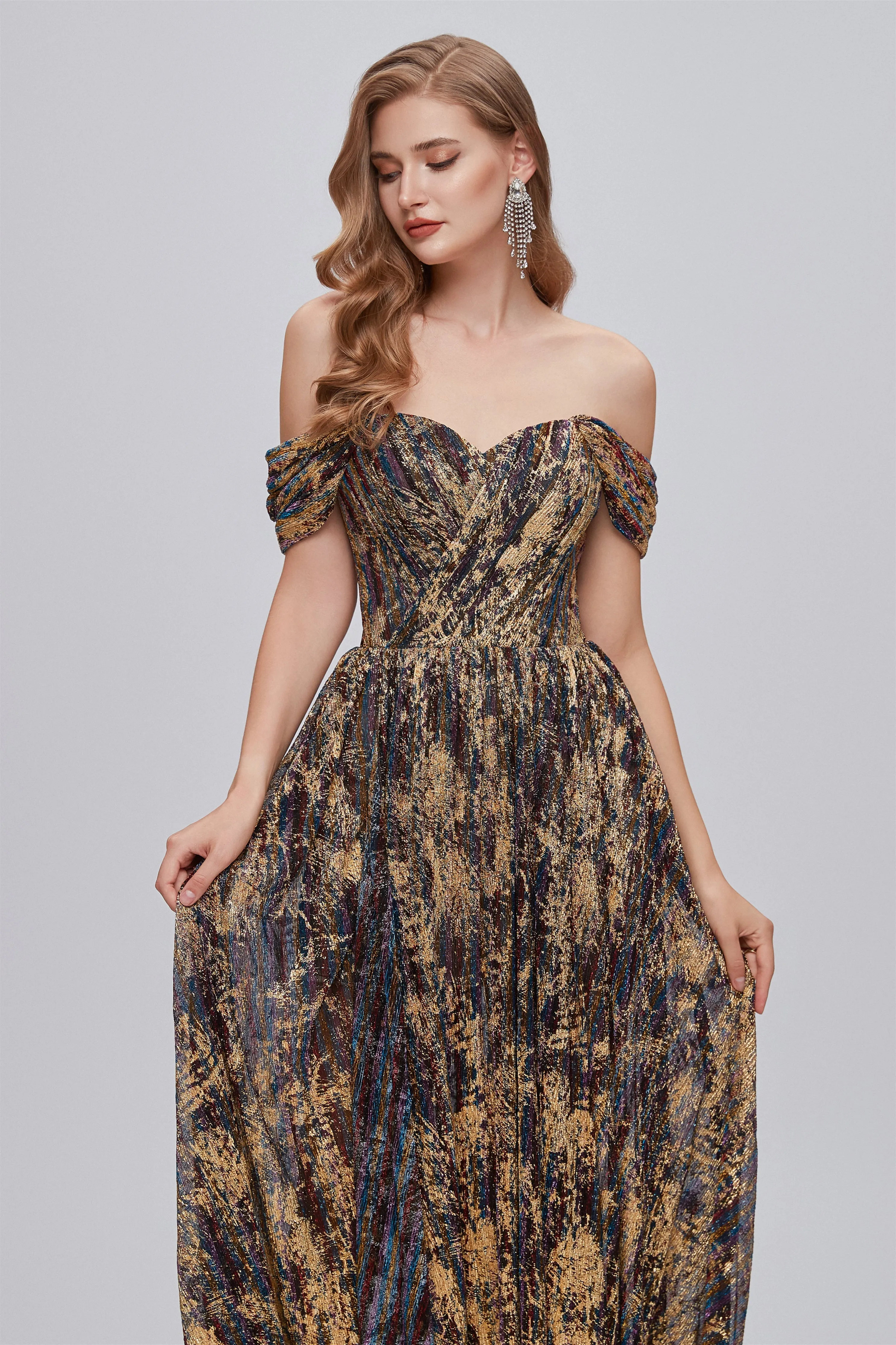 A-line Off-the-shoulder Ankle Length Backless Split Front Elegant Beautiful Prom Dresse