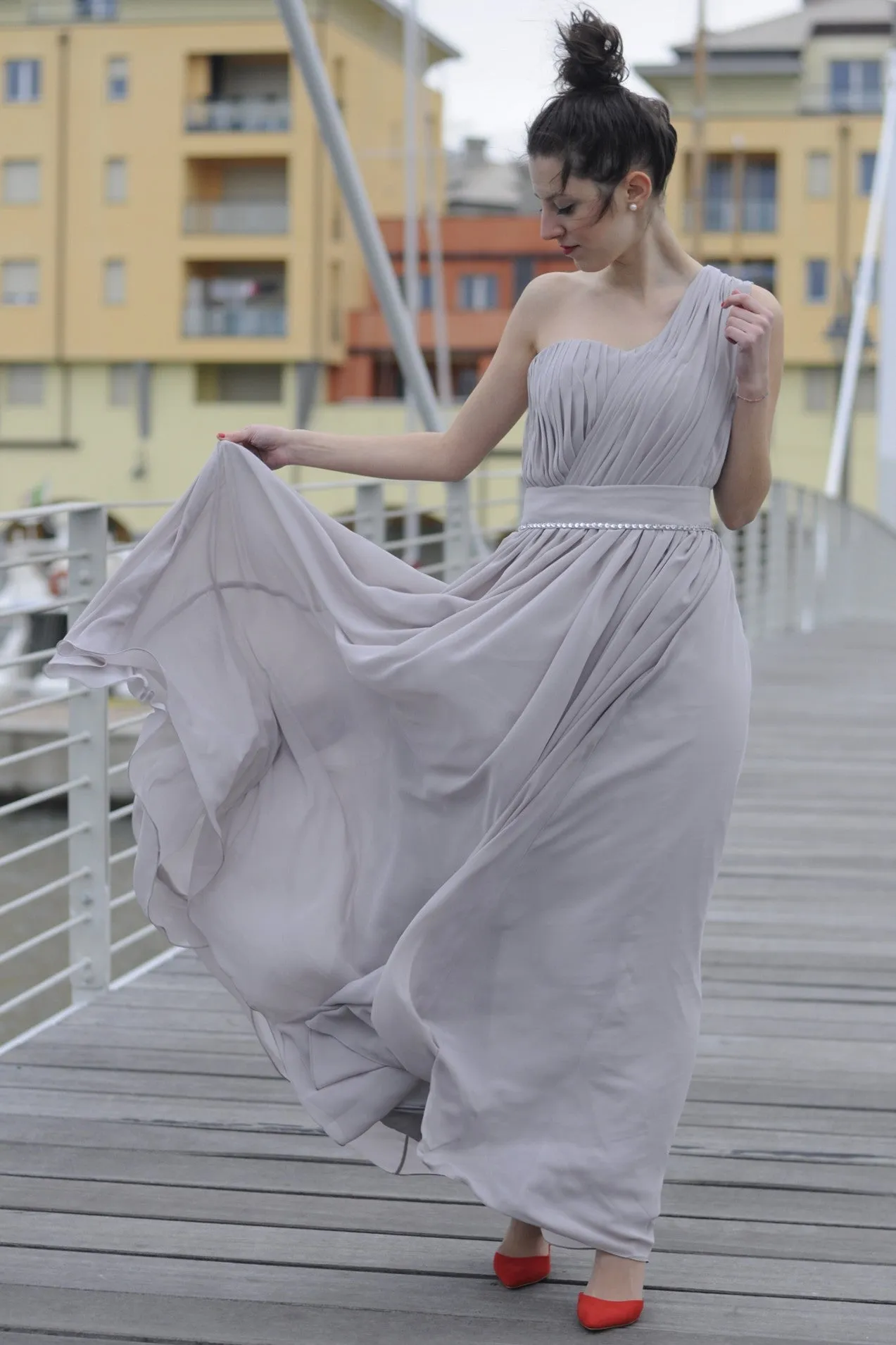 A-line One-shoulder Floor Length Chiffon Evening Dress