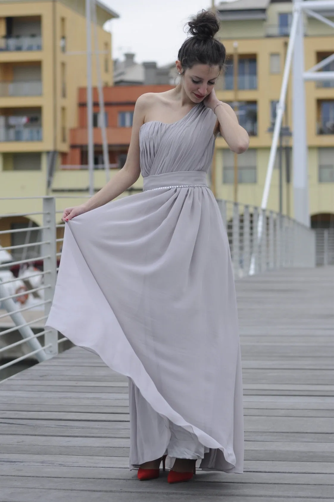 A-line One-shoulder Floor Length Chiffon Evening Dress