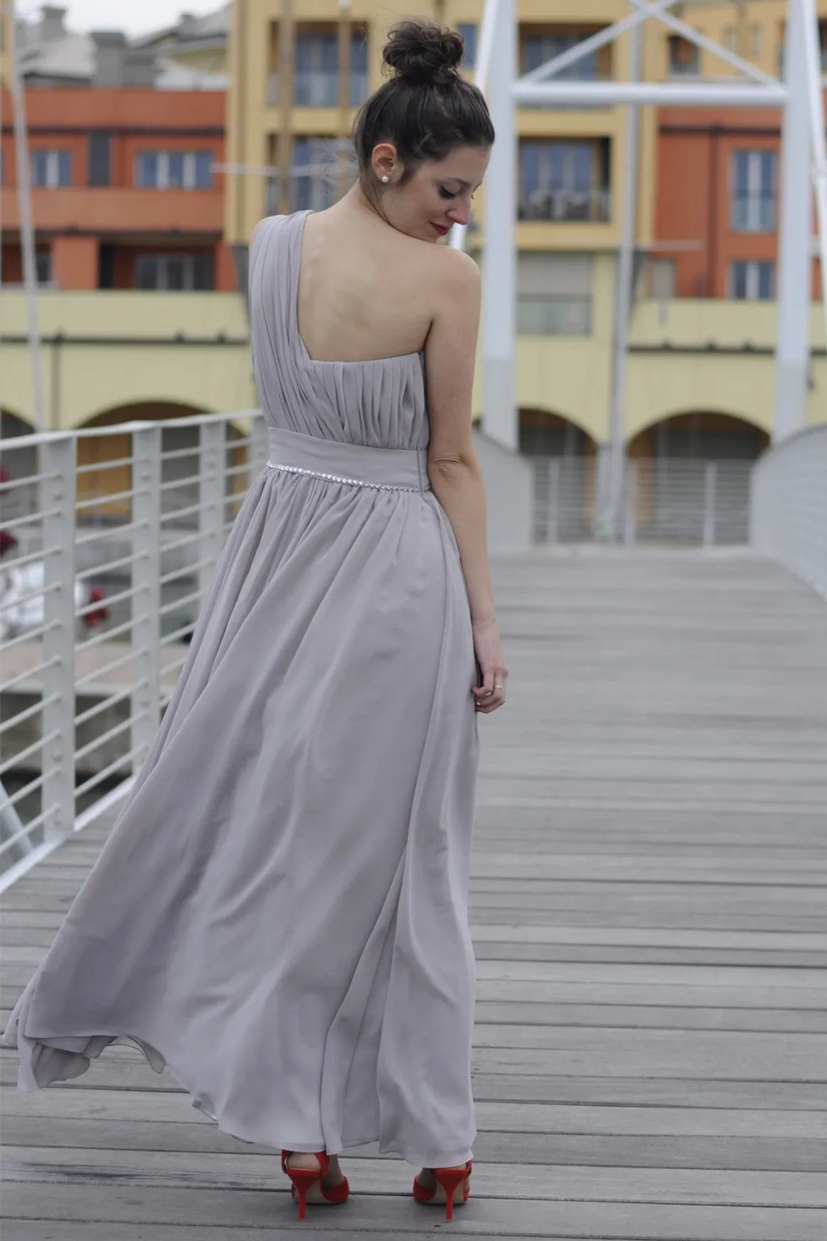 A-line One-shoulder Floor Length Chiffon Evening Dress