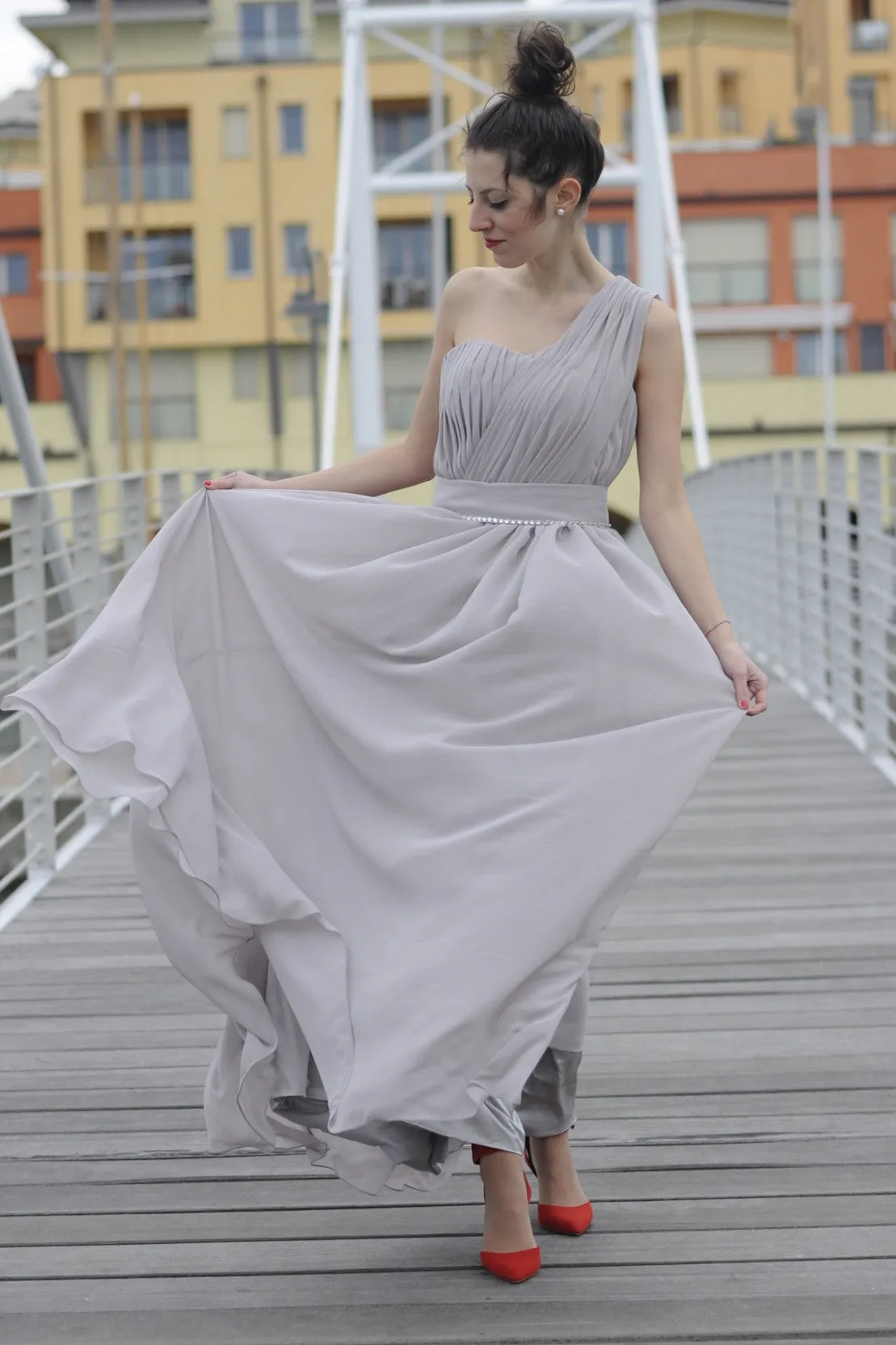 A-line One-shoulder Floor Length Chiffon Evening Dress