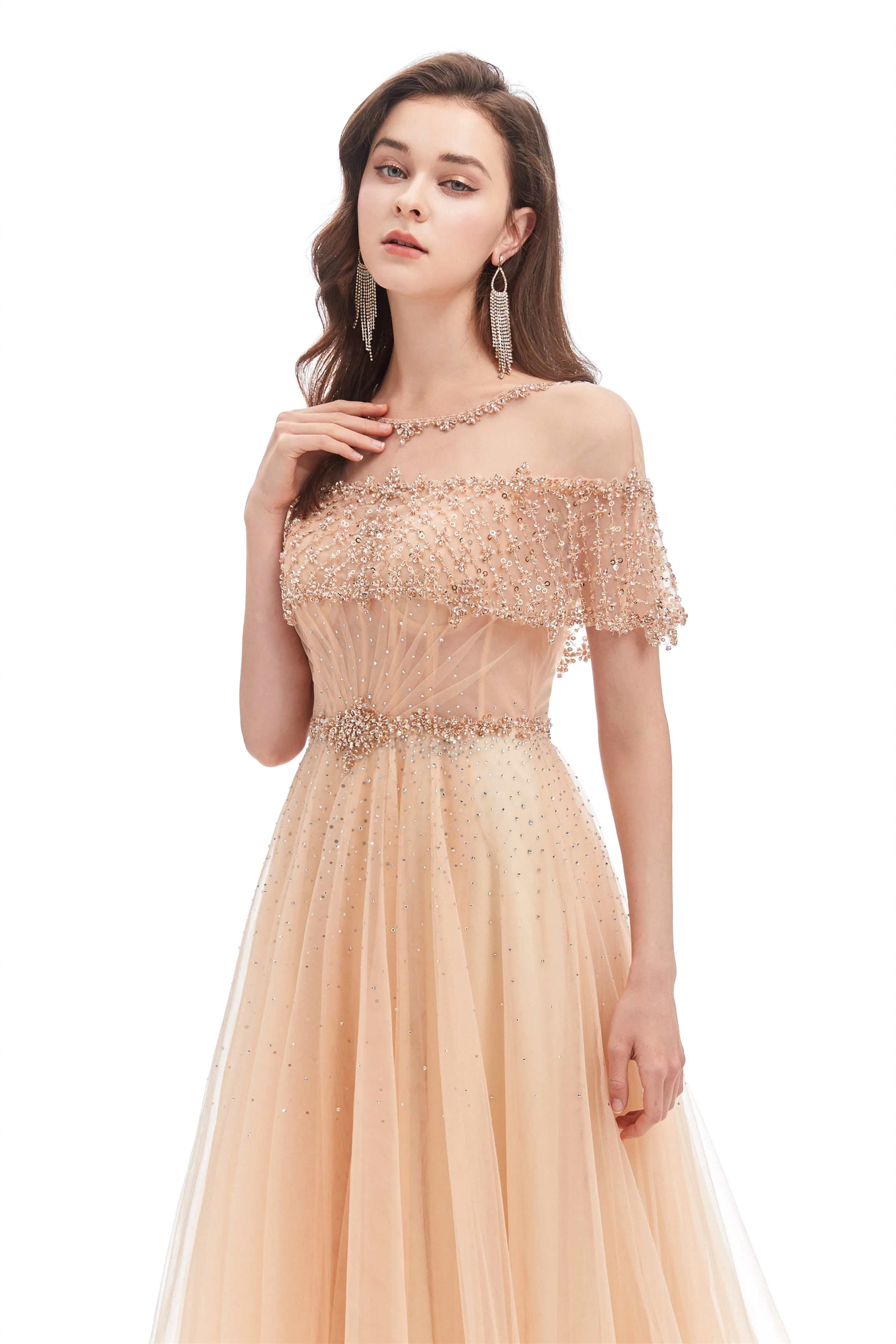 A-line Round Sequined Floor-length Cap Sleeve Open Back Appliques Lace Prom Dress