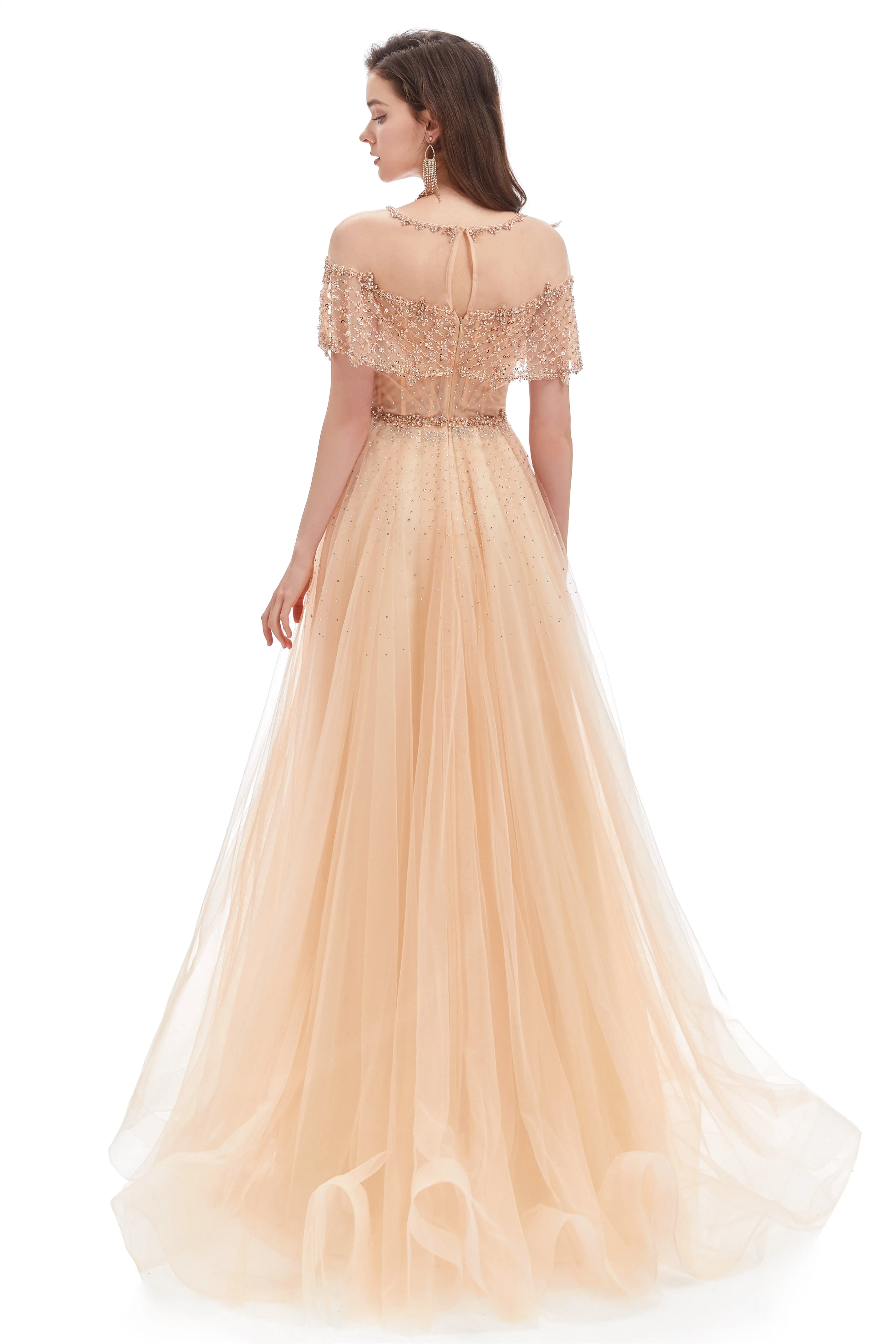 A-line Round Sequined Floor-length Cap Sleeve Open Back Appliques Lace Prom Dress