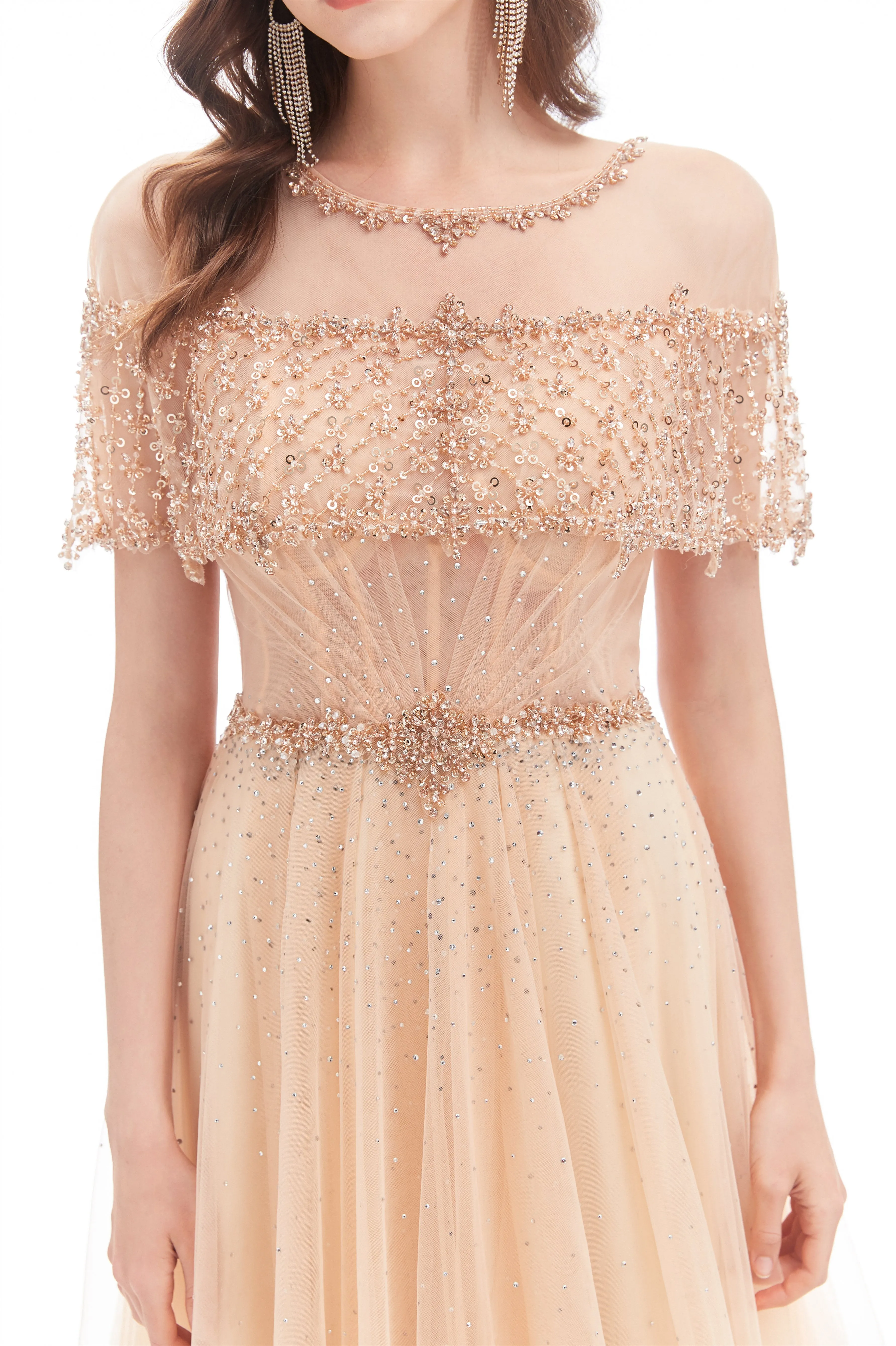 A-line Round Sequined Floor-length Cap Sleeve Open Back Appliques Lace Prom Dress
