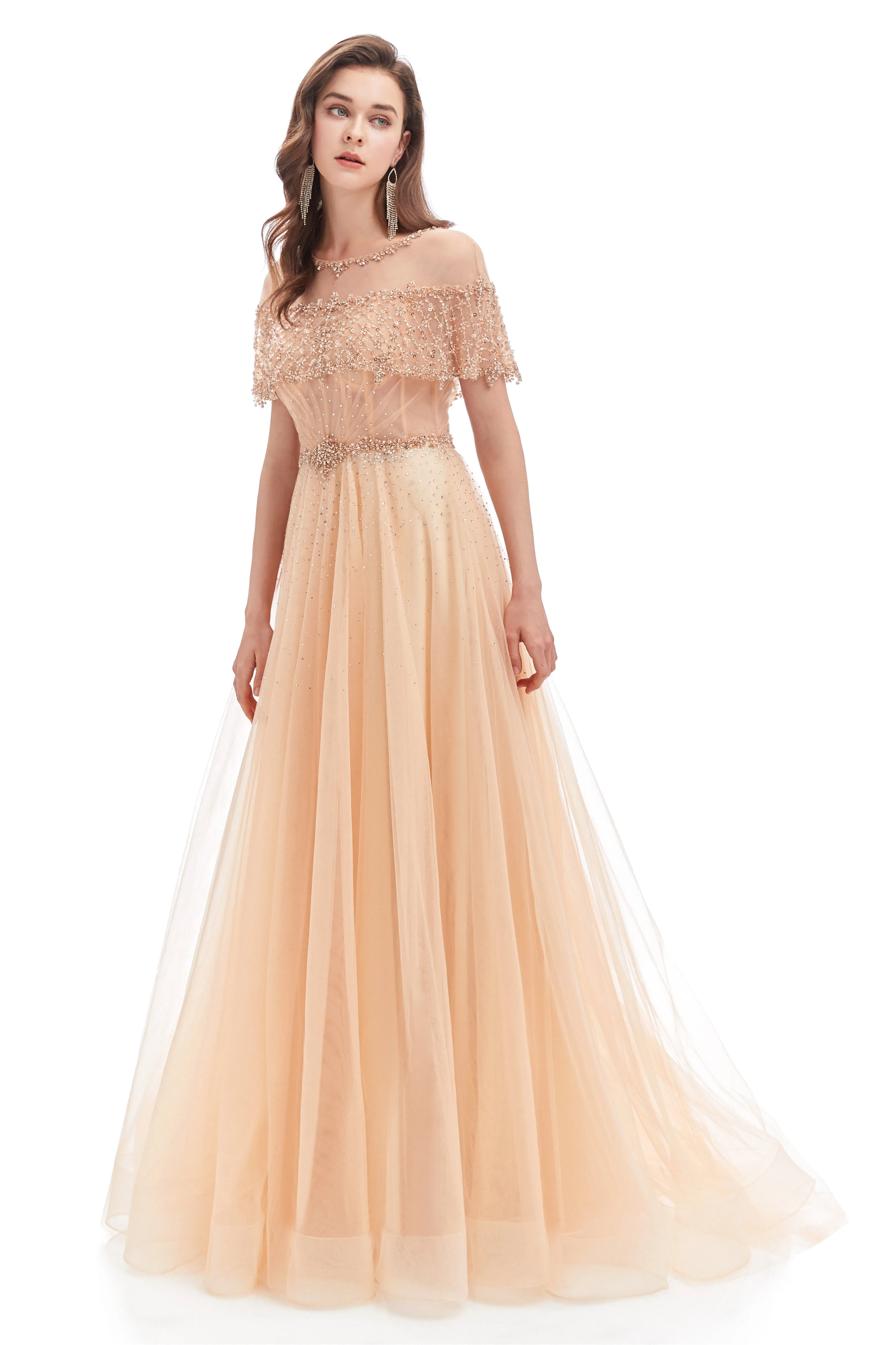 A-line Round Sequined Floor-length Cap Sleeve Open Back Appliques Lace Prom Dress