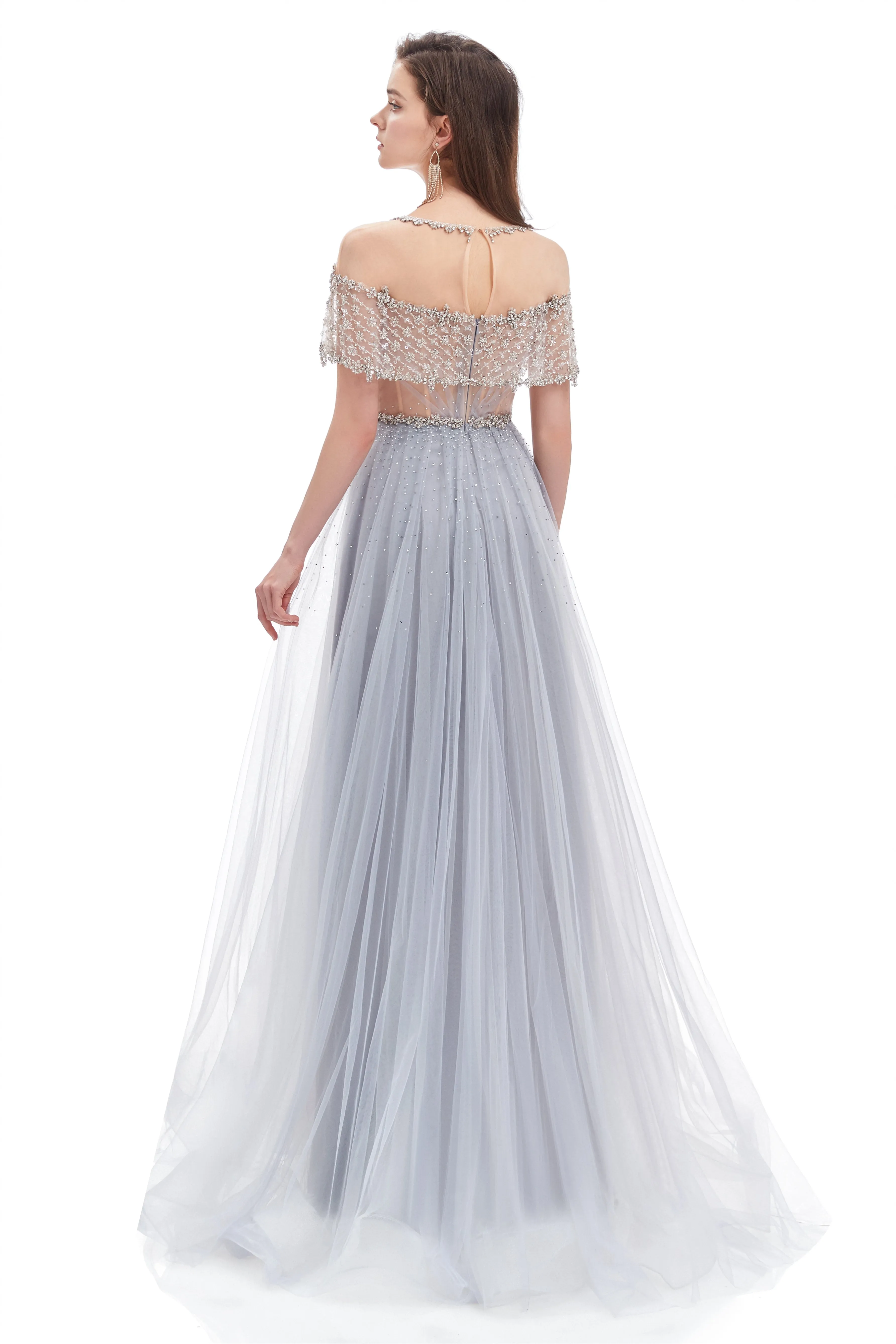 A-line Round Sequined Floor-length Cap Sleeve Open Back Appliques Lace Prom Dress
