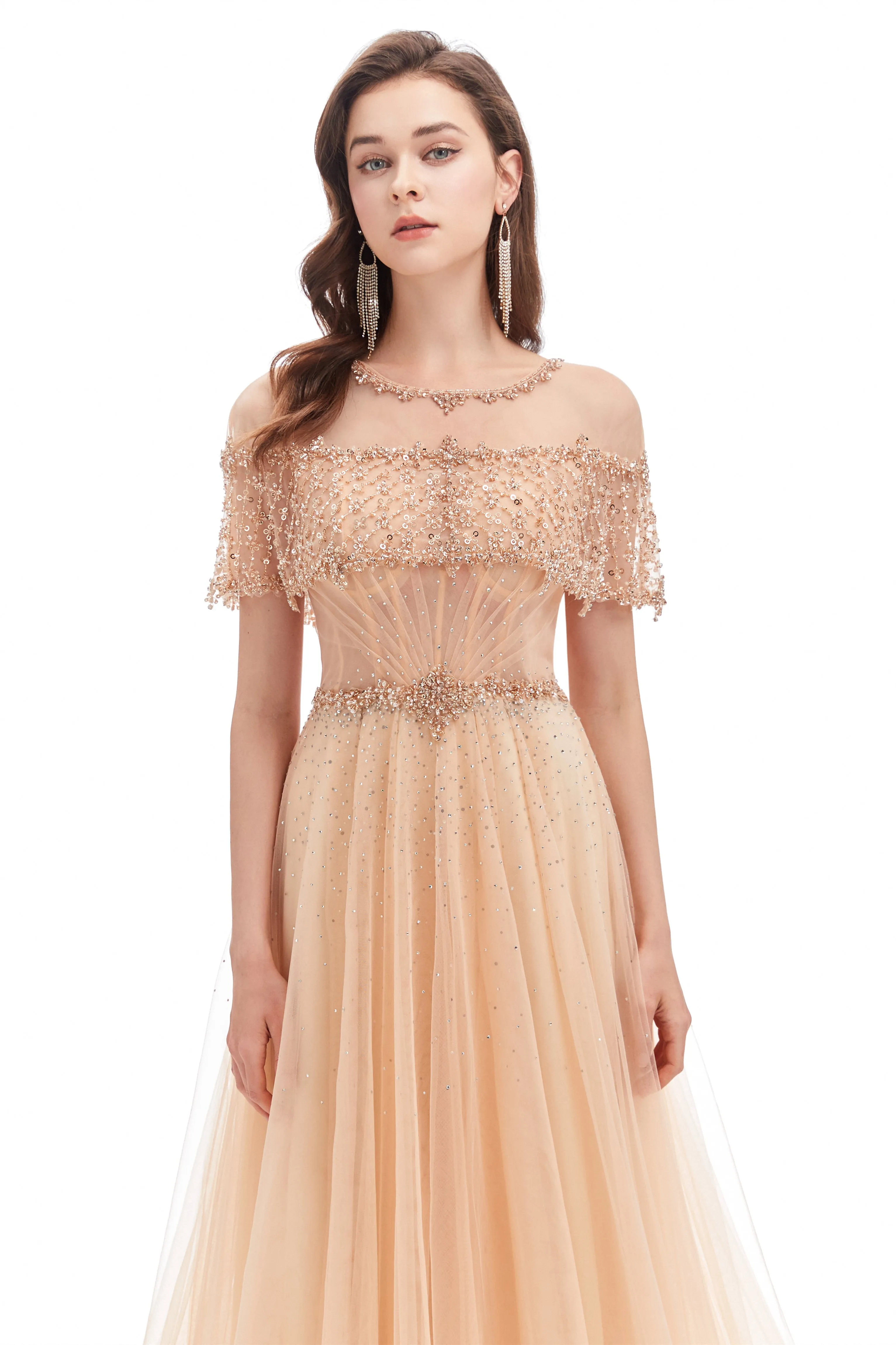A-line Round Sequined Floor-length Cap Sleeve Open Back Appliques Lace Prom Dress