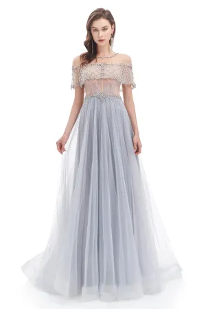 A-line Round Sequined Floor-length Cap Sleeve Open Back Appliques Lace Prom Dress