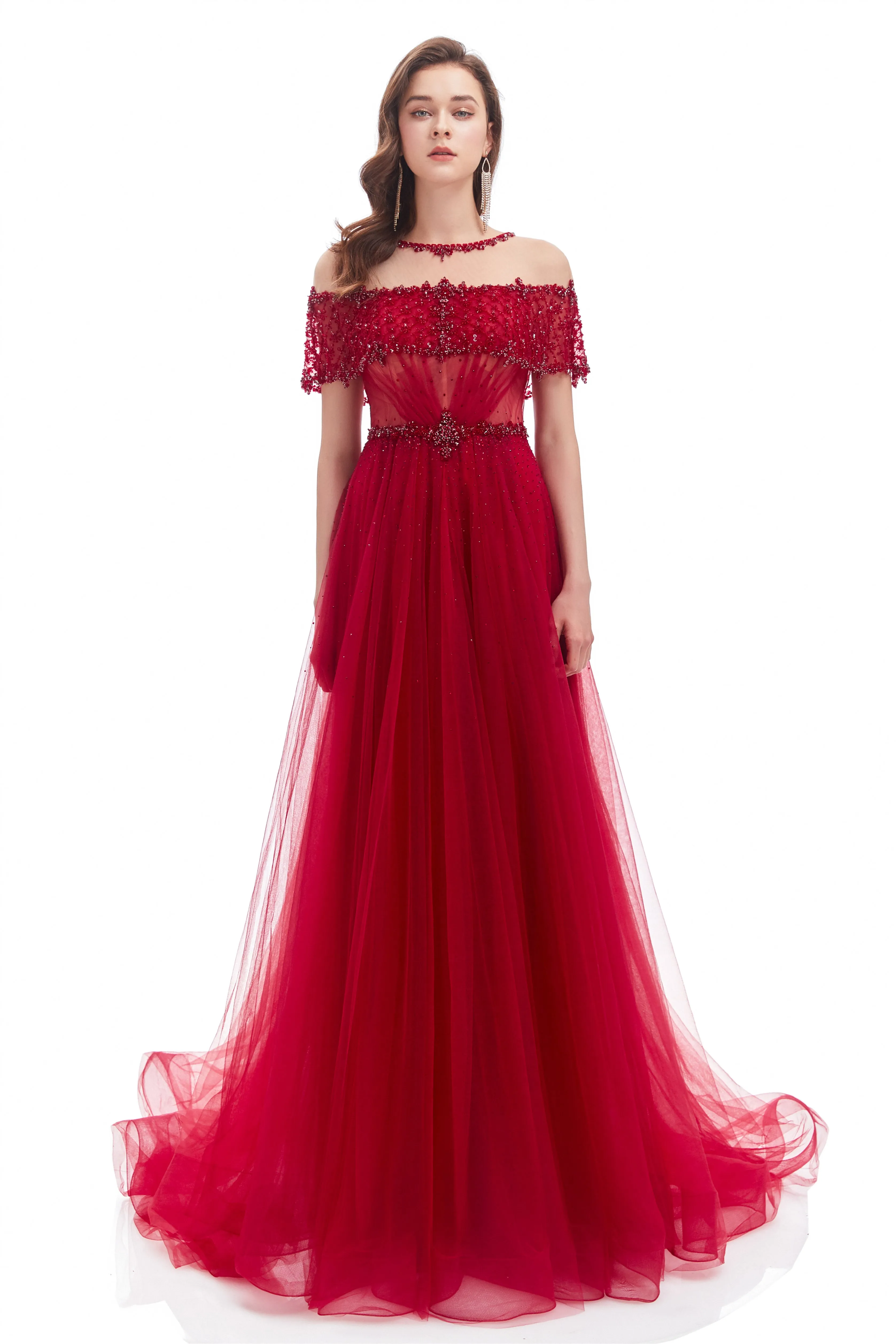 A-line Round Sequined Floor-length Cap Sleeve Open Back Appliques Lace Prom Dress