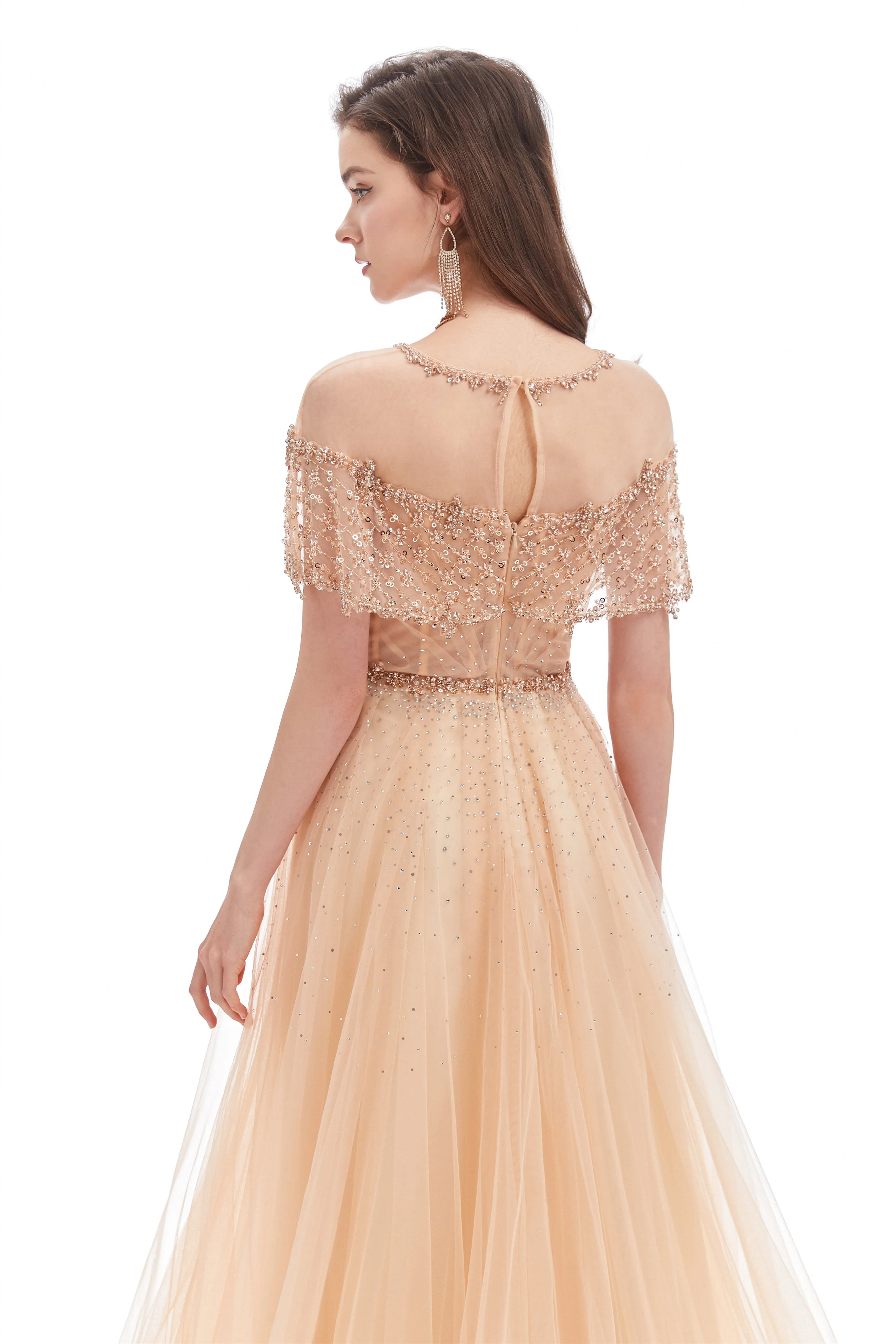 A-line Round Sequined Floor-length Cap Sleeve Open Back Appliques Lace Prom Dress