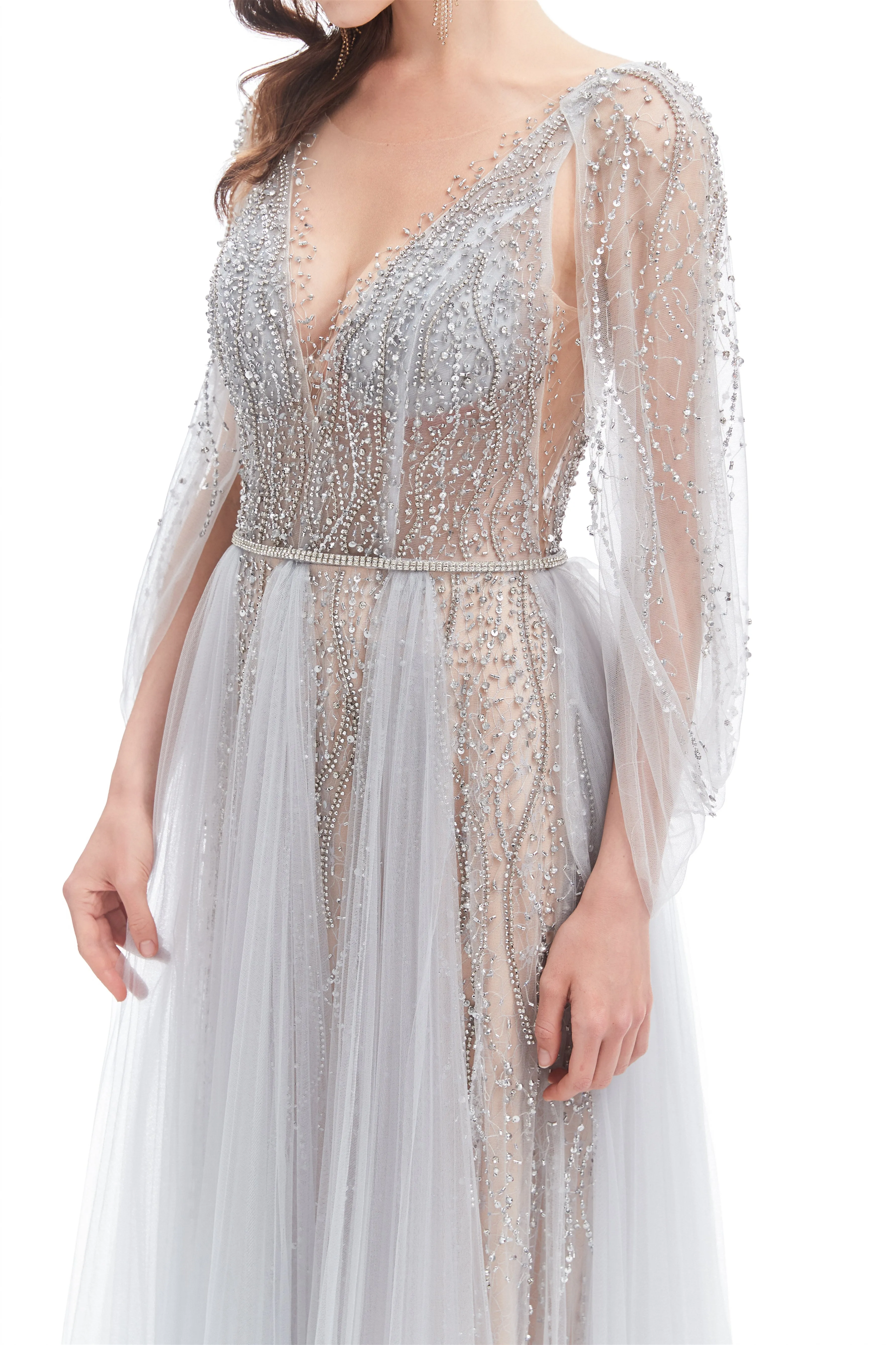 A-line V-neck Sequined Floor-length Open Back Long Sleeve Appliques Lace Prom Dress
