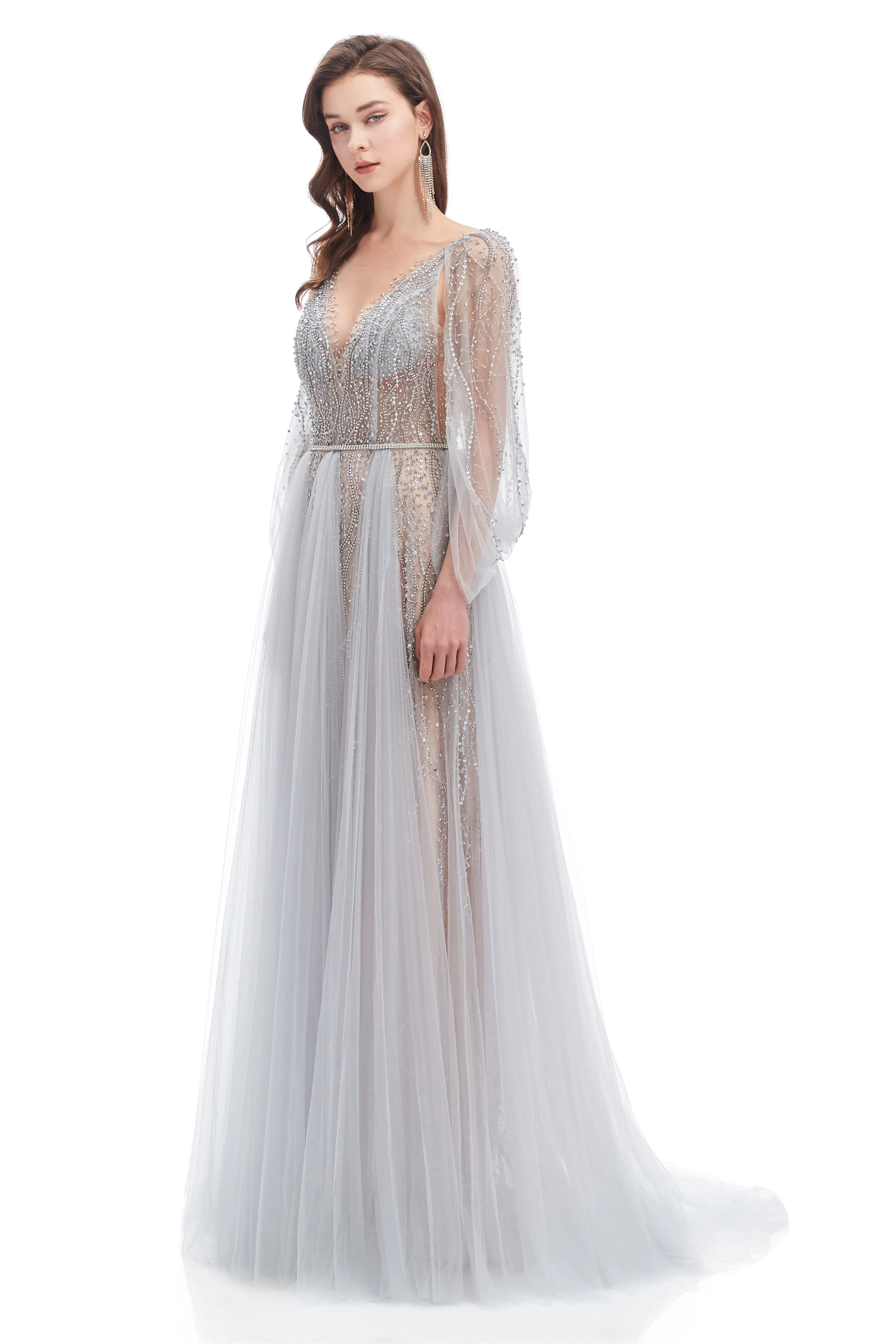 A-line V-neck Sequined Floor-length Open Back Long Sleeve Appliques Lace Prom Dress