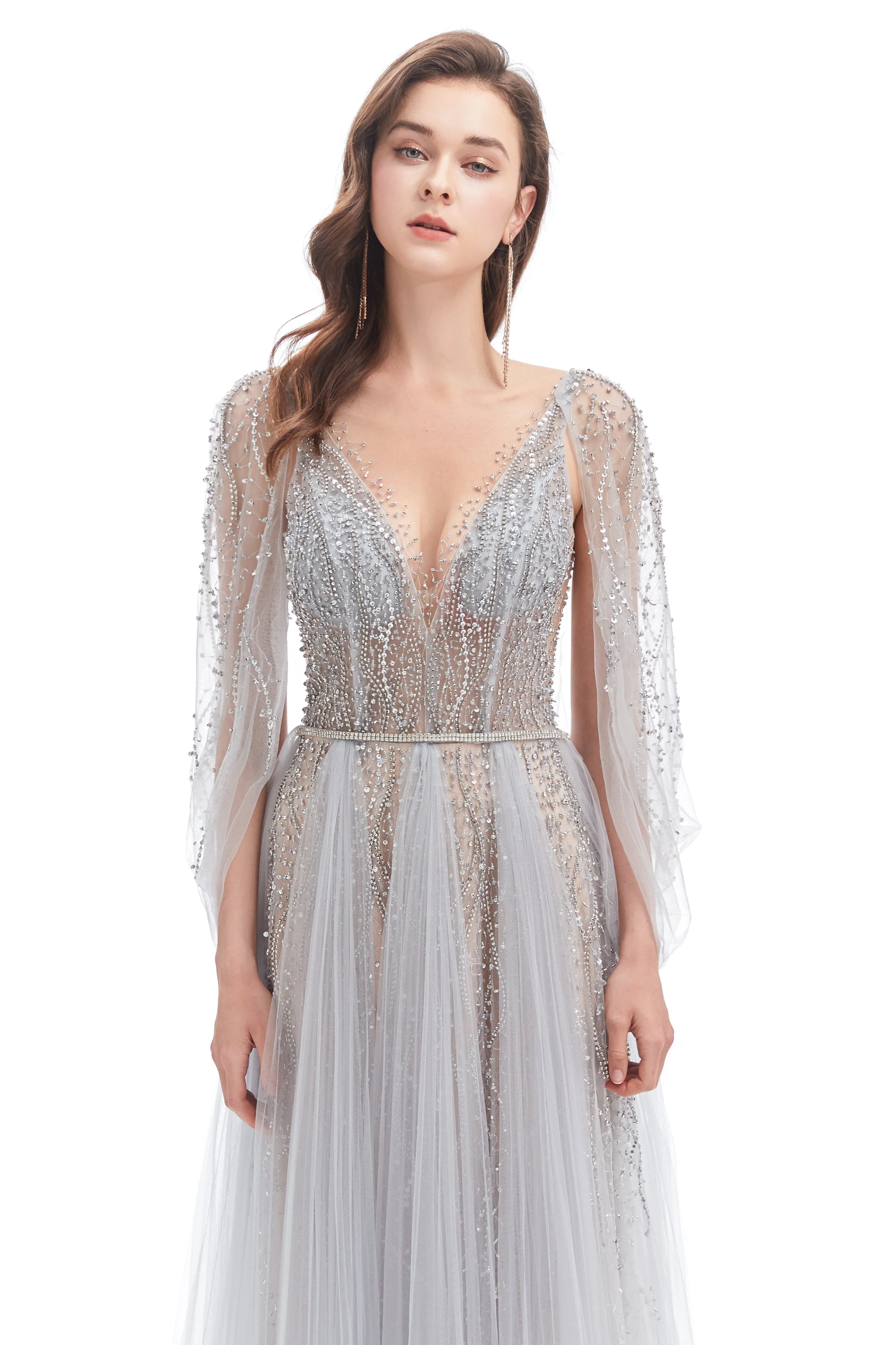 A-line V-neck Sequined Floor-length Open Back Long Sleeve Appliques Lace Prom Dress