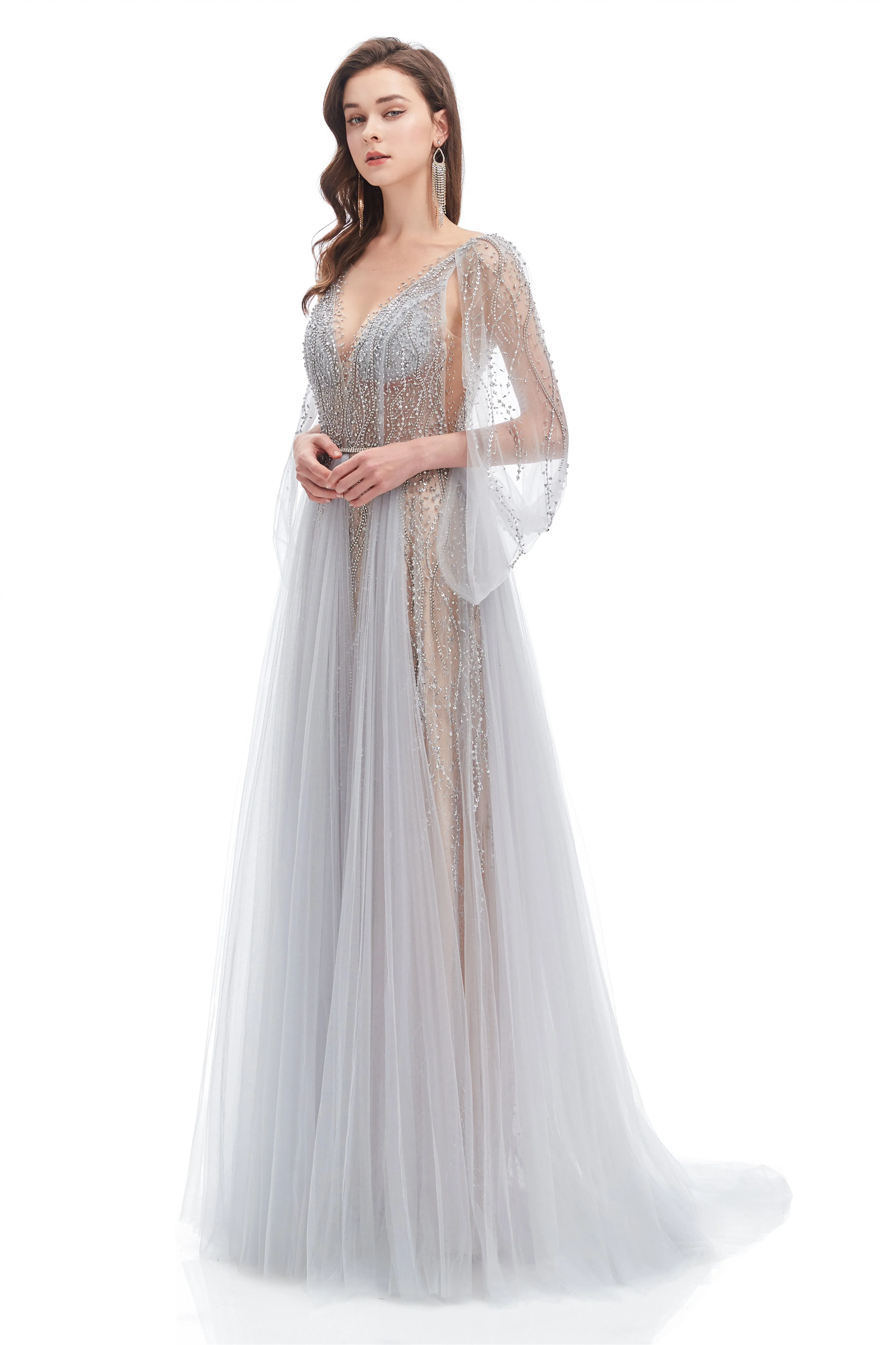A-line V-neck Sequined Floor-length Open Back Long Sleeve Appliques Lace Prom Dress