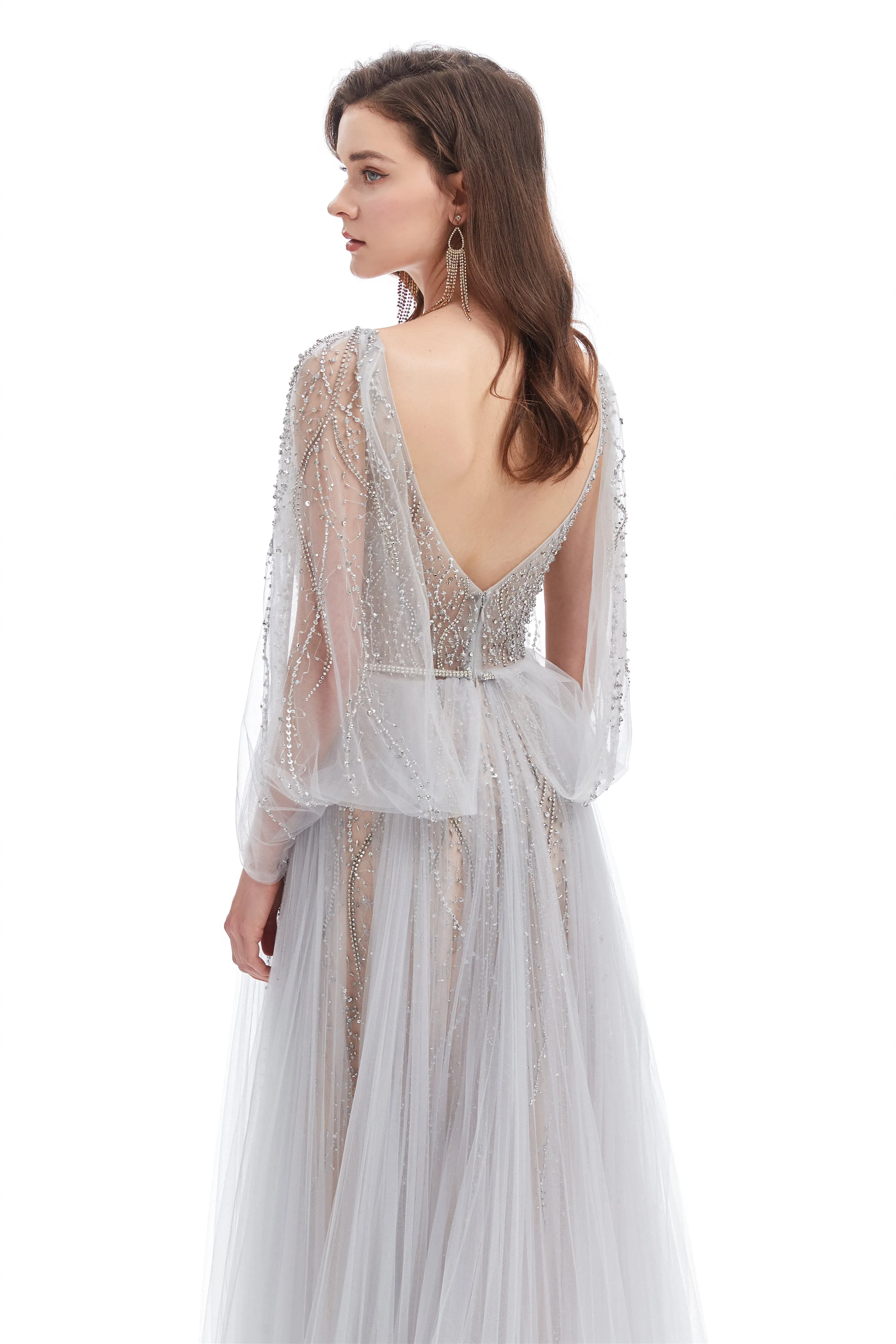 A-line V-neck Sequined Floor-length Open Back Long Sleeve Appliques Lace Prom Dress