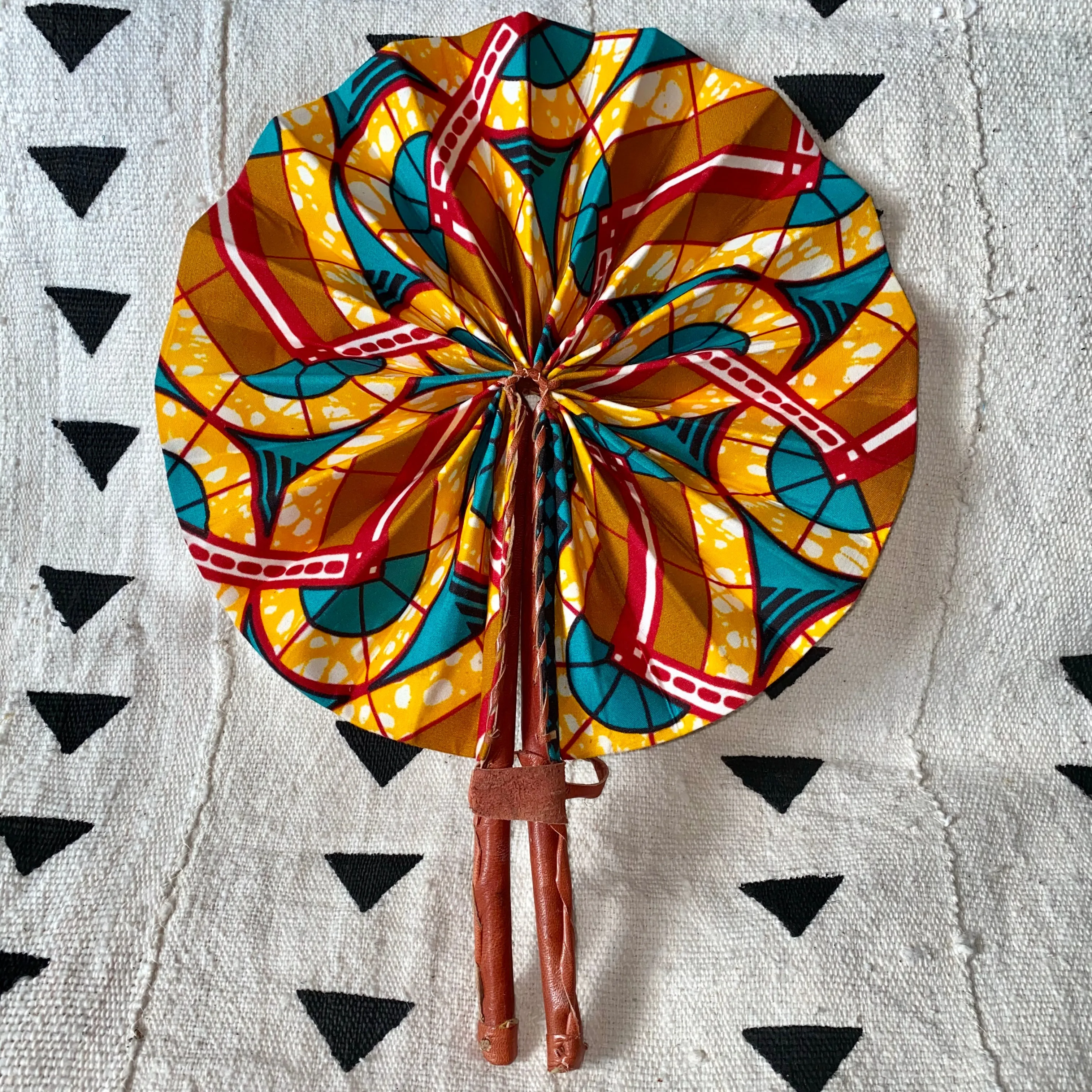African Print Fan - Yellow/Teal/Red/Olive-Gold