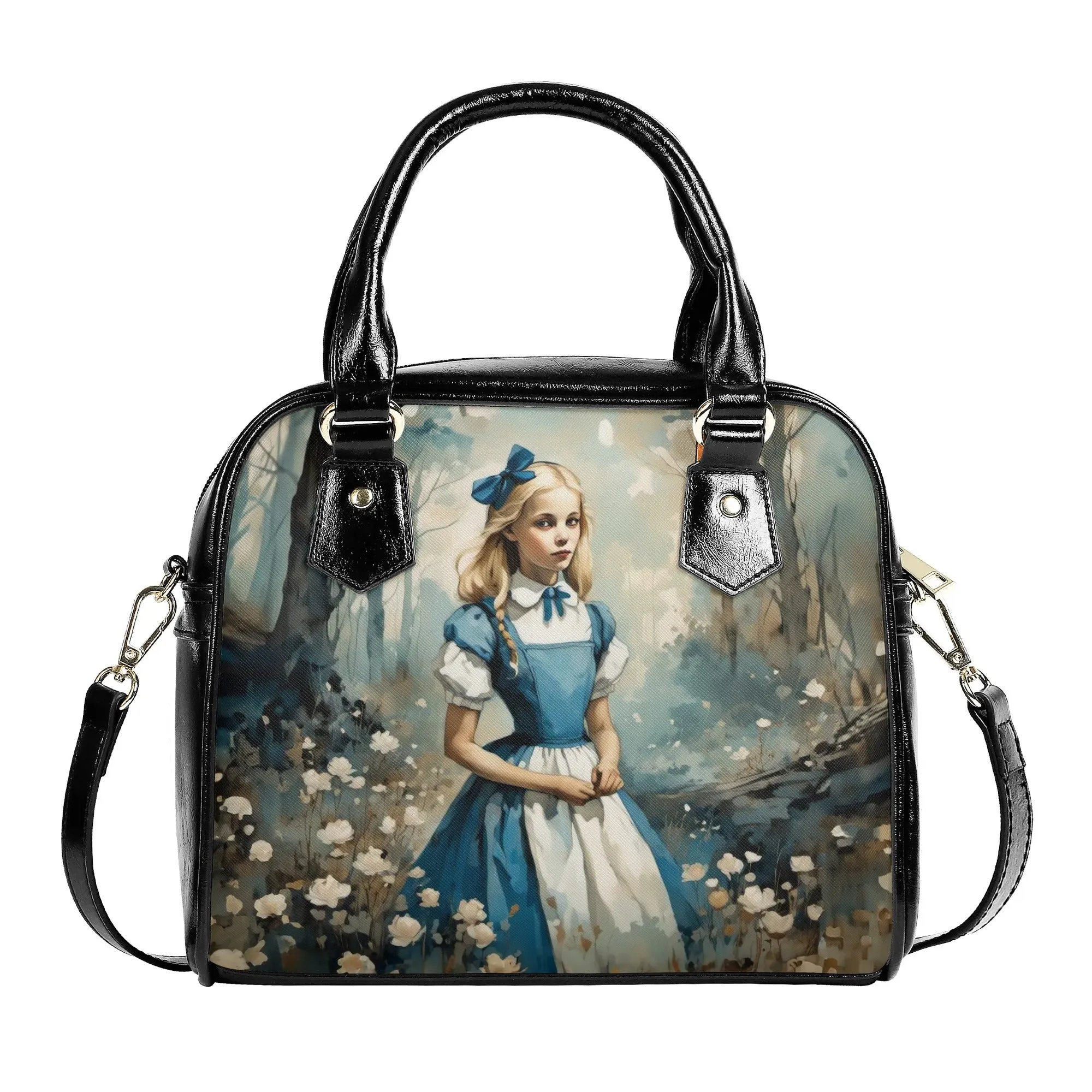 Alice in Wonderland Dark and Whimsical Shoulder Handbag Blue Purse Bowler Bag