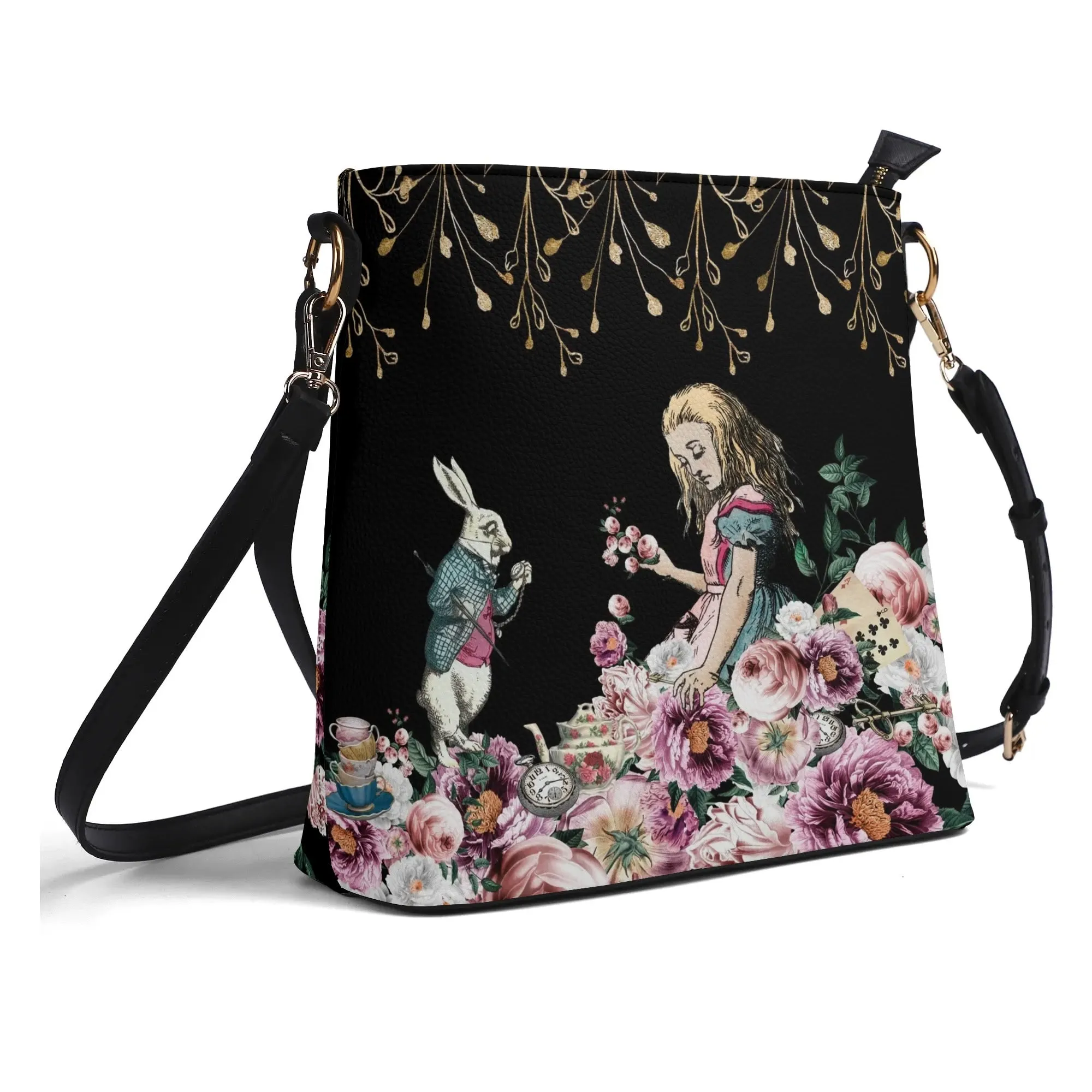 Alice in Wonderland Pink Roses Womens Vegan Bucket Bag Shoulder Bag