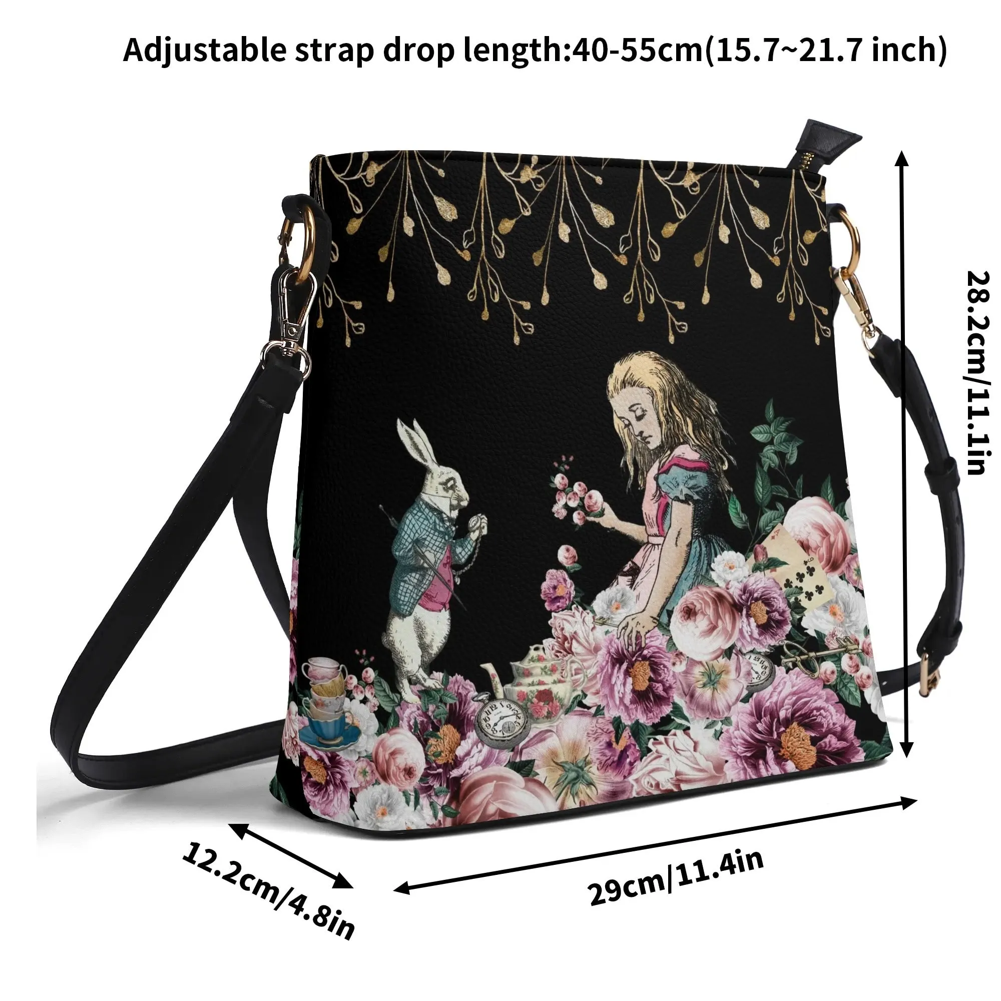 Alice in Wonderland Pink Roses Womens Vegan Bucket Bag Shoulder Bag
