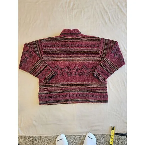 Alps Full Double Zip Sherpa Coat‎ Sweater Horse Print Red Made In USA Womens XL
