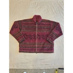 Alps Full Double Zip Sherpa Coat‎ Sweater Horse Print Red Made In USA Womens XL