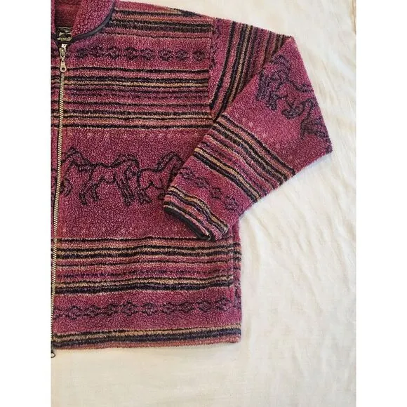 Alps Full Double Zip Sherpa Coat‎ Sweater Horse Print Red Made In USA Womens XL