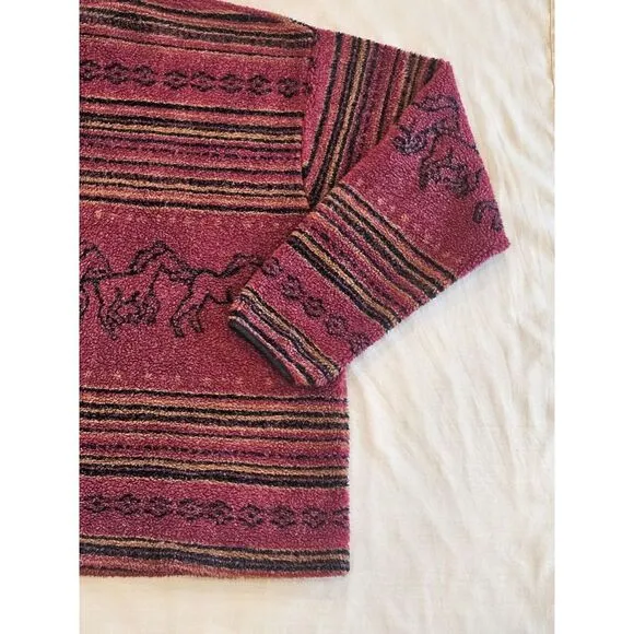 Alps Full Double Zip Sherpa Coat‎ Sweater Horse Print Red Made In USA Womens XL