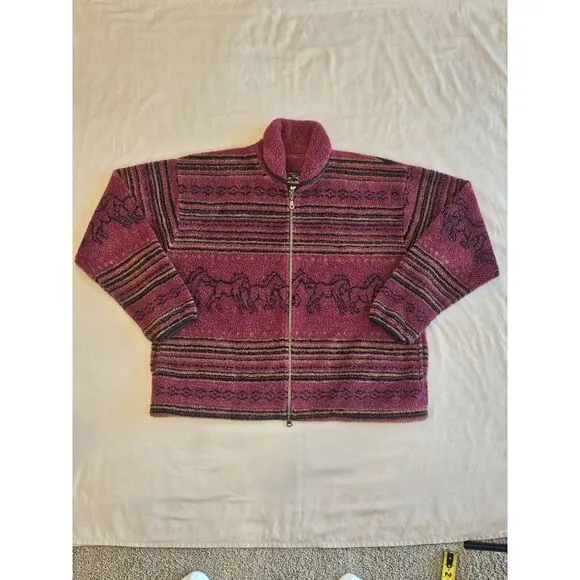 Alps Full Double Zip Sherpa Coat‎ Sweater Horse Print Red Made In USA Womens XL