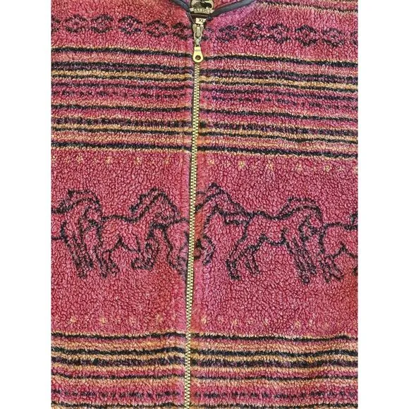 Alps Full Double Zip Sherpa Coat‎ Sweater Horse Print Red Made In USA Womens XL
