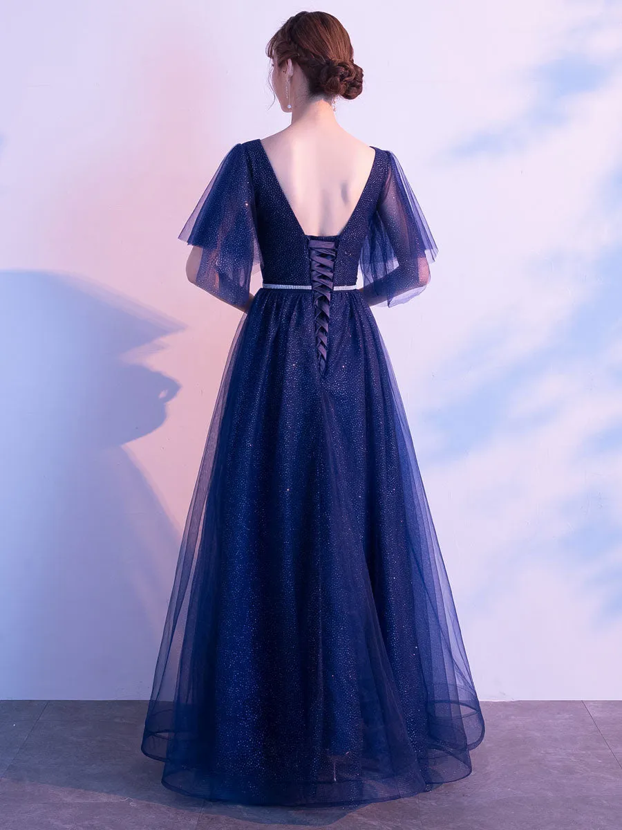 Amazing Evening Dress A Line V Neck Matte Satin Floor Length Sequins Formal Party Dresses