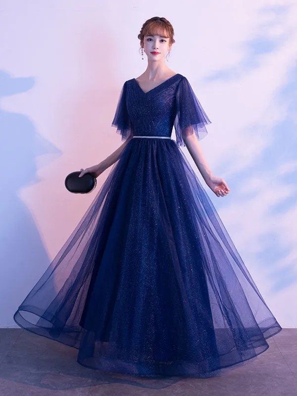 Amazing Evening Dress A Line V Neck Matte Satin Floor Length Sequins Formal Party Dresses