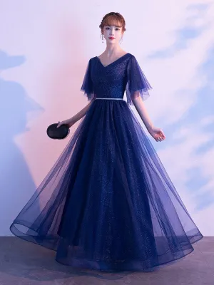 Amazing Evening Dress A Line V Neck Matte Satin Floor Length Sequins Formal Party Dresses
