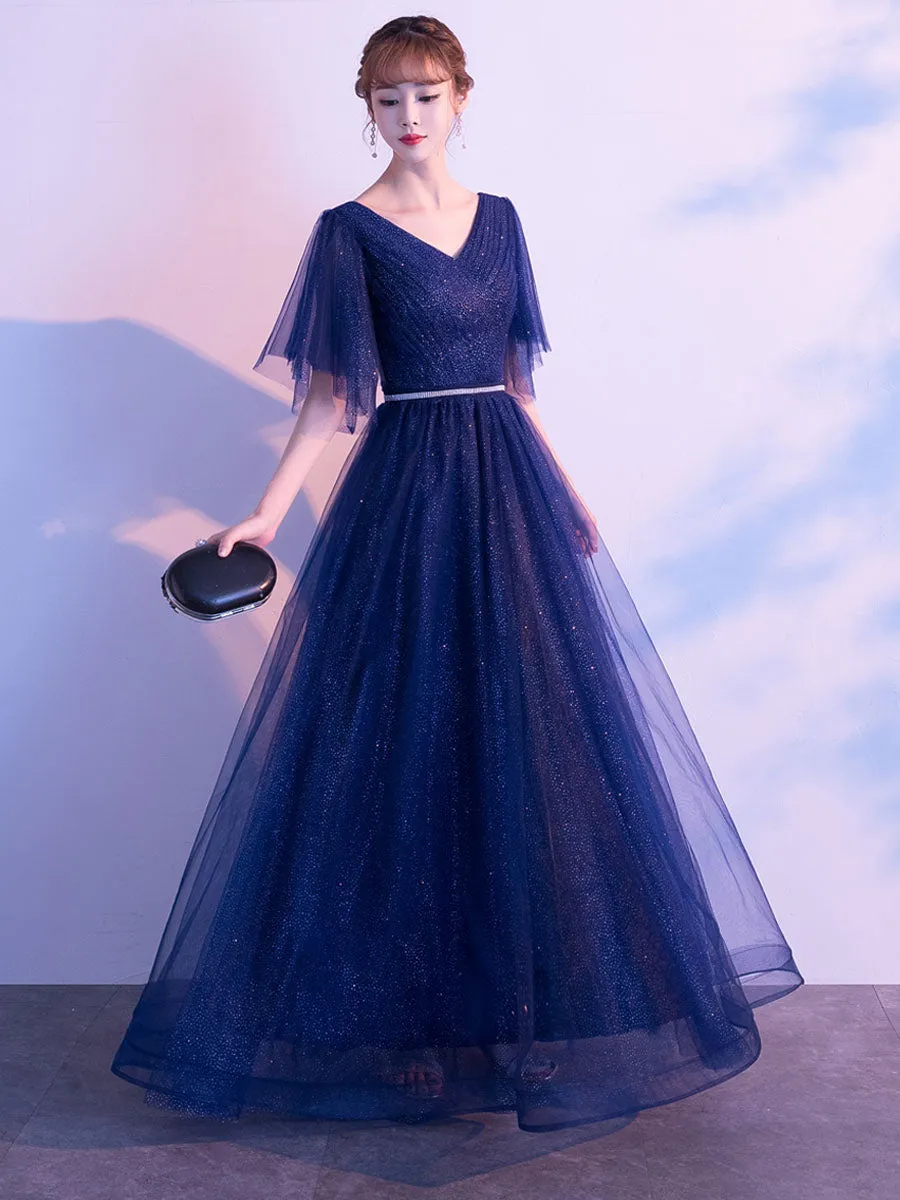 Amazing Evening Dress A Line V Neck Matte Satin Floor Length Sequins Formal Party Dresses