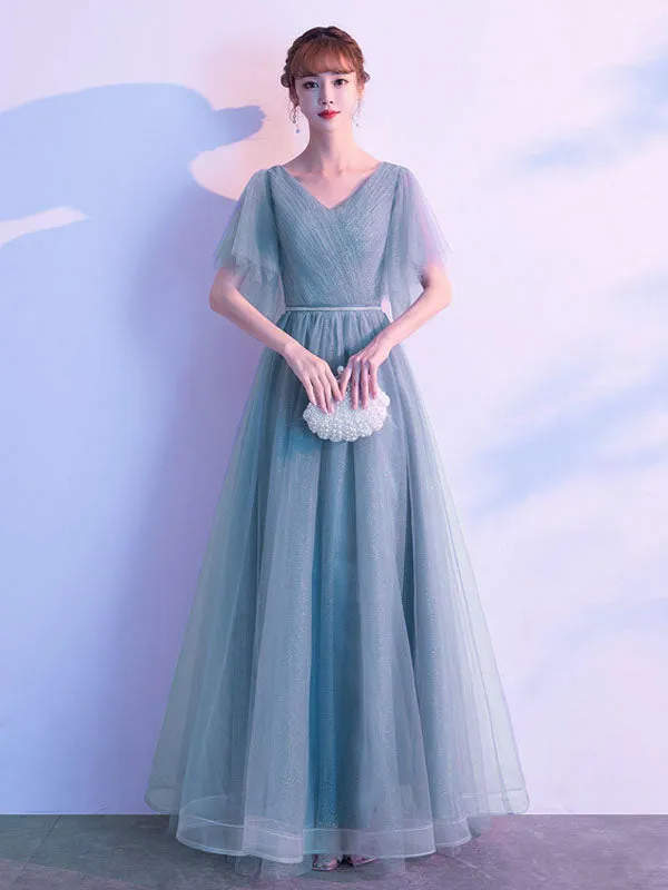 Amazing Evening Dress A Line V Neck Matte Satin Floor Length Sequins Formal Party Dresses