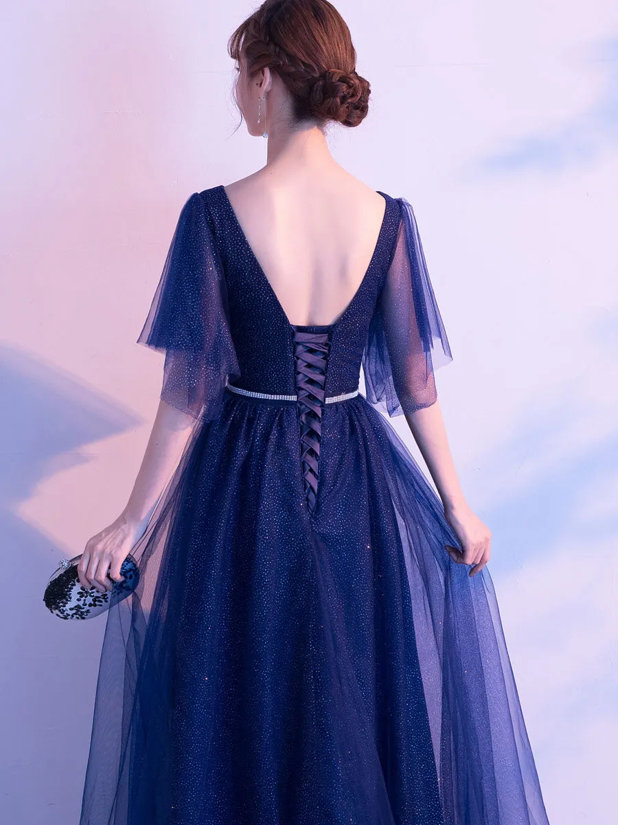 Amazing Evening Dress A Line V Neck Matte Satin Floor Length Sequins Formal Party Dresses