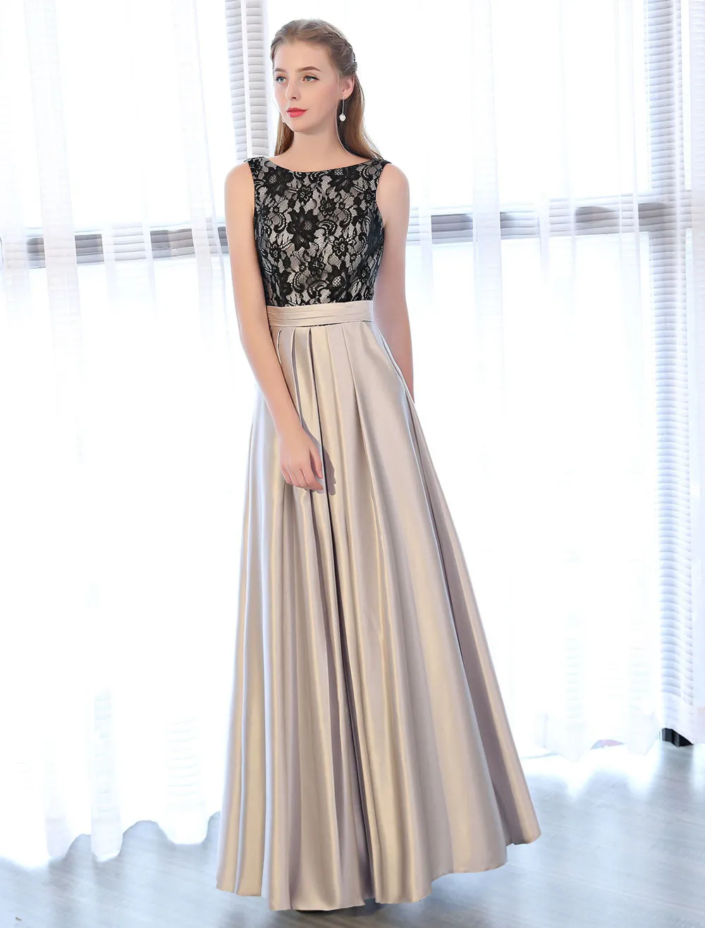 Amazing Evening Dresses Satin Lace evening dress Sleeveless Backless Pleated Pockets Floor Length Formal Dress