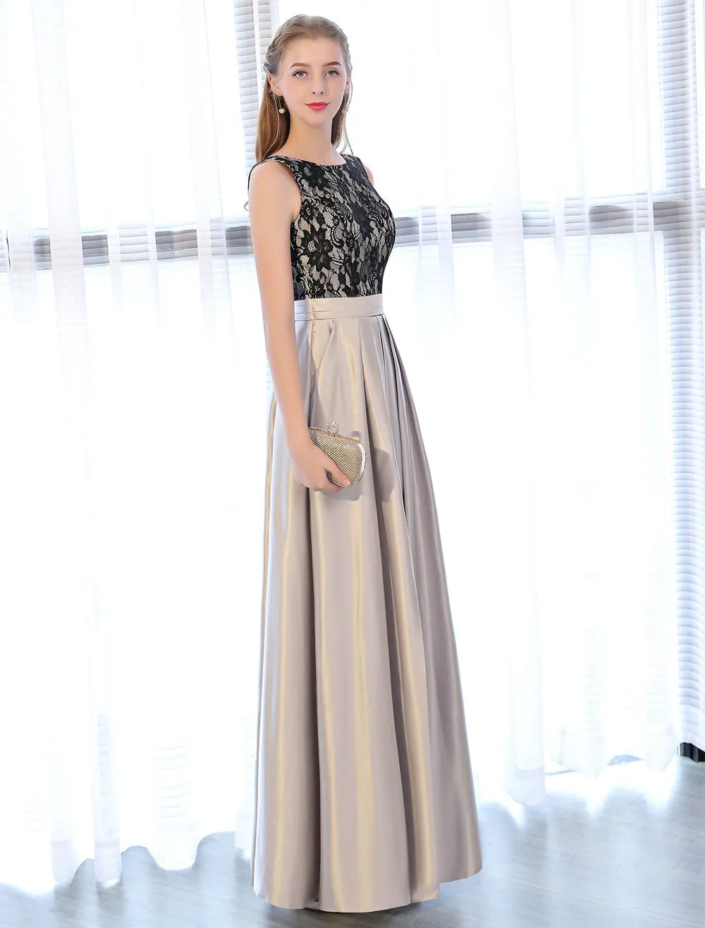 Amazing Evening Dresses Satin Lace evening dress Sleeveless Backless Pleated Pockets Floor Length Formal Dress